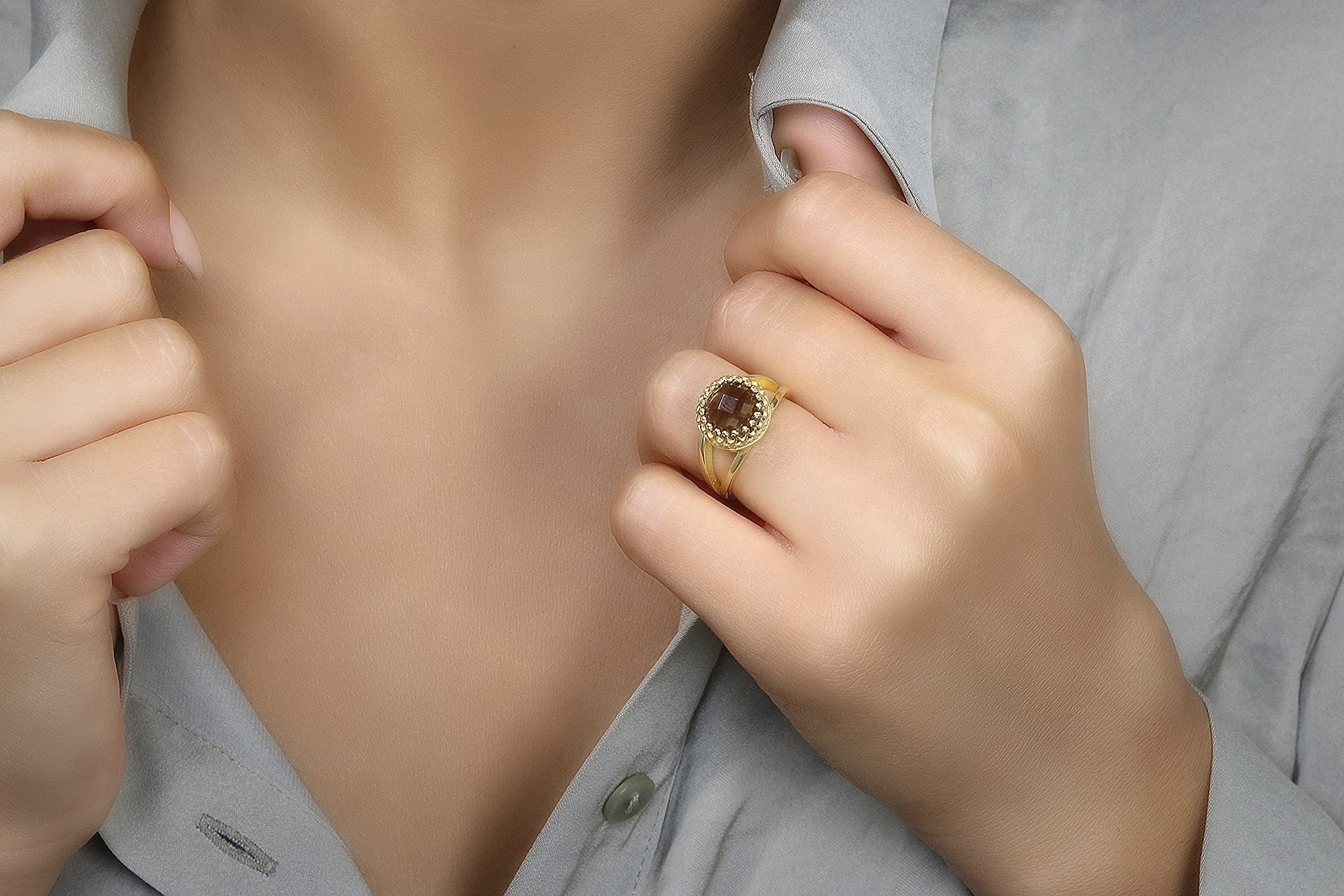 14K Gold-Filled Smoky Quartz Faceted Ring for Women - 10mm Handcrafted Double Band Jewelry - Perfect for Weddings, Parties & Everyday Wear - Gift Box Included