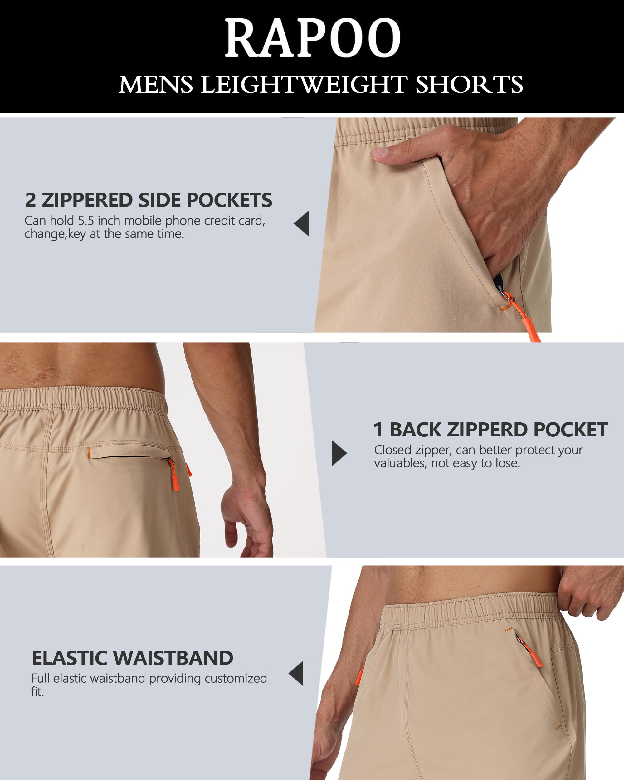 Rapoo Men's 7 Inch Inseam Athletic Shorts - Water Resistant, Lightweight & Quick Dry Workout Shorts with Zipper Pockets for Running, Gym & Outdoor Activities