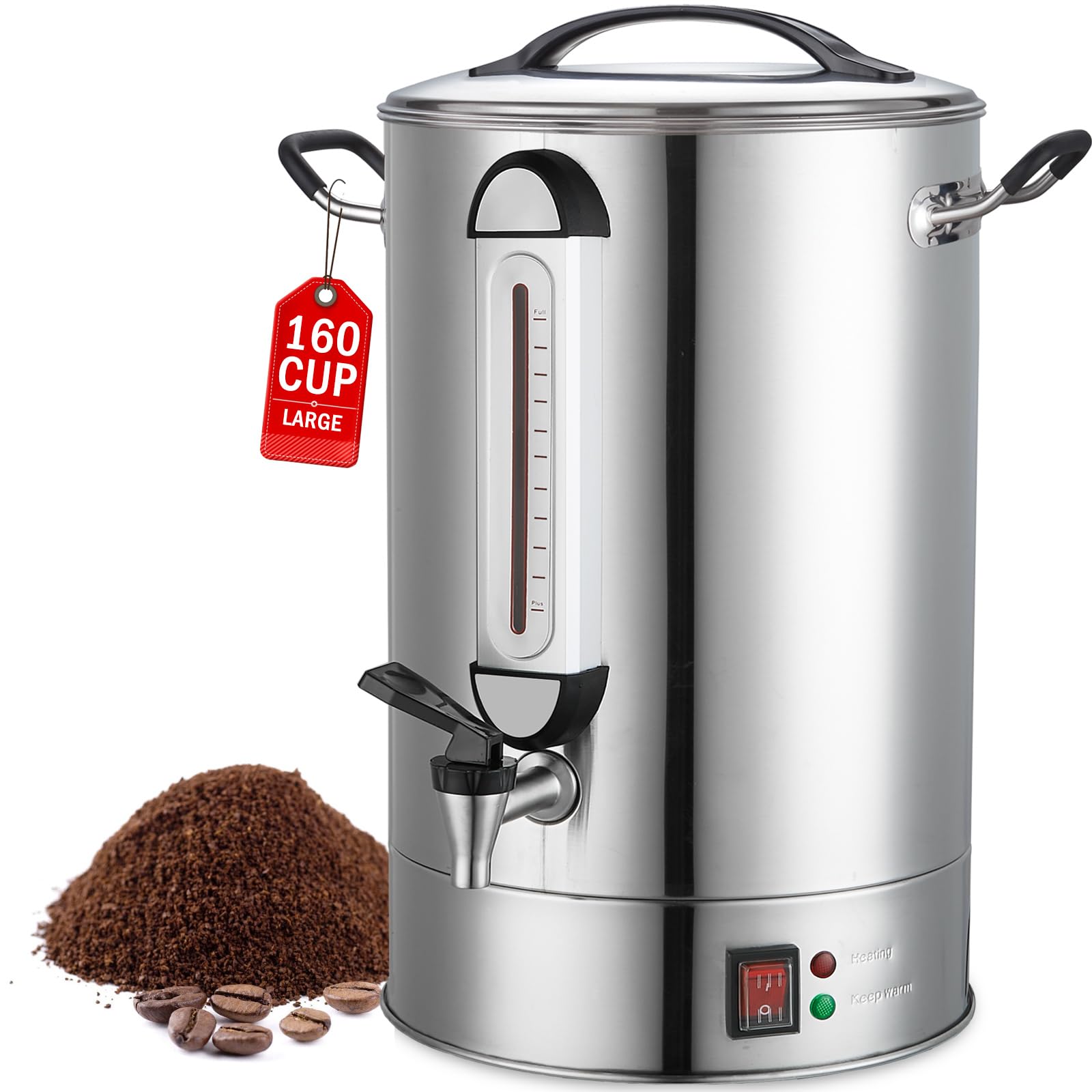 Commercial Grade 24L (160 Cup) Stainless Steel Coffee Urn - Fast Brewing Hot Water Dispenser for Large Events, Catering, Meetings, Churches & Schools - Durable Stainless Steel Construction for Office Breakrooms, Weddings, Banquets and Cafeterias