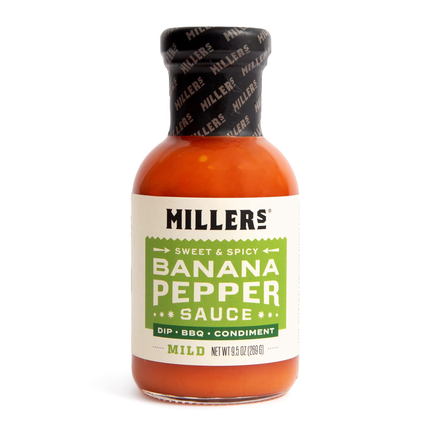 Miller's Mild Hot Banana Pepper Sauce - Sweet & Spicy Low Sodium Condiment (9.5 oz) - Perfect for Chicken Wings, Burgers, Sandwiches & Pizza Topping
