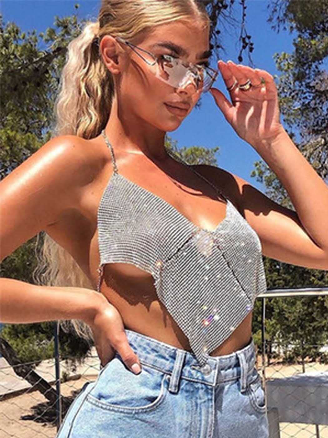 Salliy Boho Body Chain Bra - Silver Rhinestone Bikini Top, Backless Sequins Halter Bra for Women & Girls | Perfect for Beach Parties, Music Festivals & Summer Vacations
