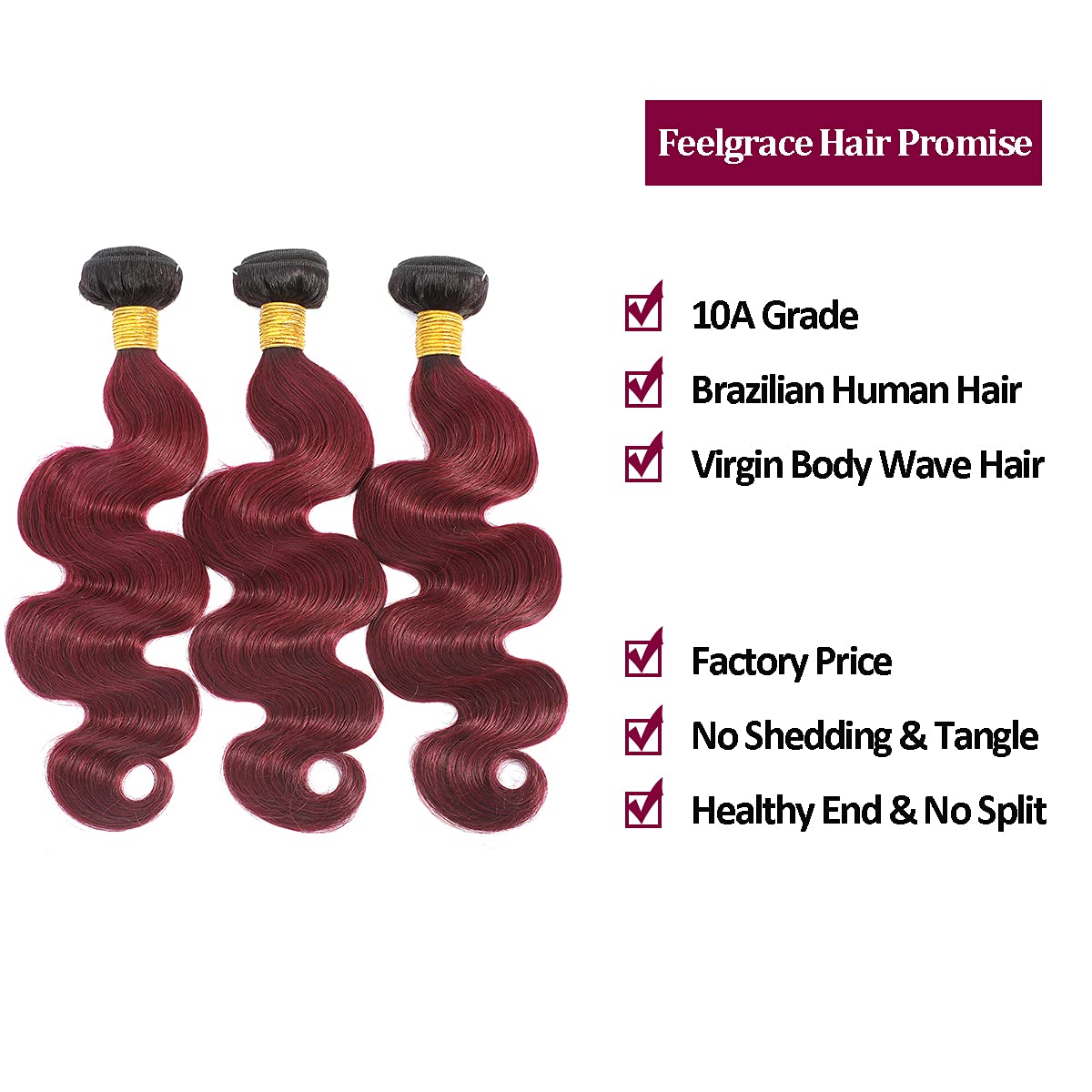 Ombre Bundles Human Hair 3 Pieces 300 Gram - 100% Brazilian Human Hair Extensions (1B Burgundy Body Wave) - 10A Soft Weave Bundles 16 18 20 Inch for Stunning Hairstyles - Perfect for Parties, Weddings & Everyday Glam