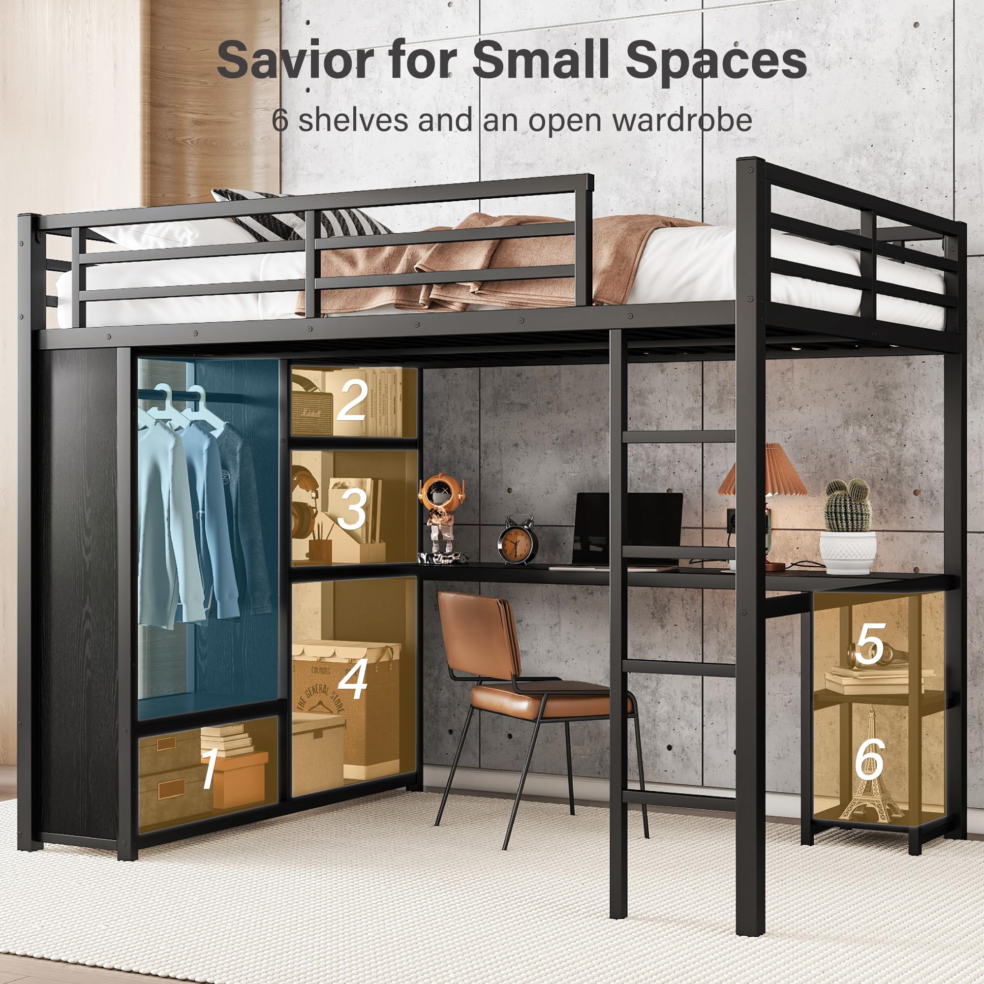 Queen Metal Loft Bed with Desk & Wardrobe - Heavy Duty Space-Saving Bed Frame with 6 Storage Shelves, Ladder & High Safety Guardrails | Sturdy Squeak-Free Design, No Box Spring Required in Polar Black | Perfect for Small Apartments, Dorms & Kids' Rooms
