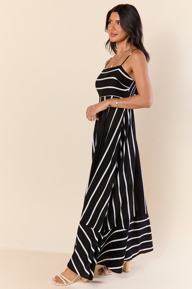 Black and White Striped Maxi Dress for Women - Flowy Beach Cover Up, Summer Vacation Dress, Boho Chic Outfit for Pool Party, Yacht Trip & Seaside Getaway