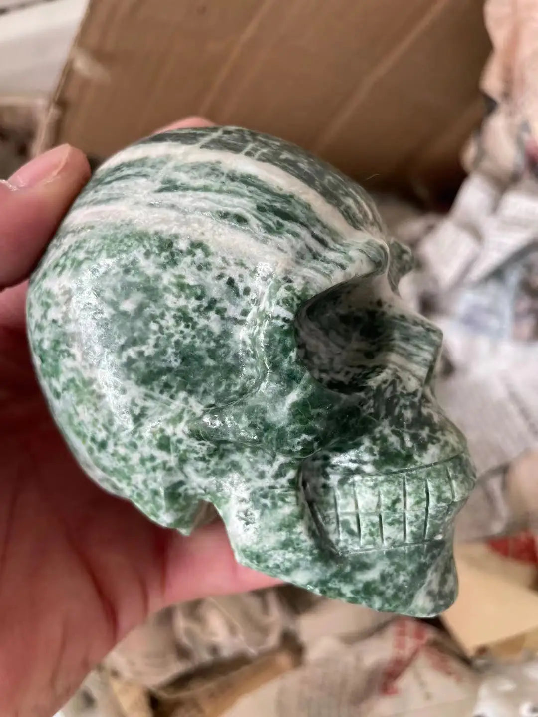 African Green Skull Statuettes - Hand-Carved Natural Stone Sculptures for Home Decor & Mineral Healing | Unique Gothic Art Collection for Meditation, Altar, or Spiritual Spaces