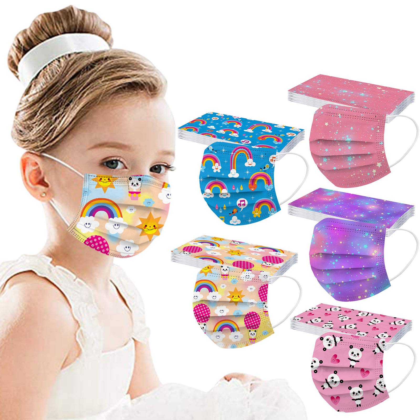 50Pcs Kids Disposable Face Masks - 3-Ply Breathable Cartoon Design Face Coverings for Boys & Girls, Assorted Colors, Perfect for School, Travel & Daily Protection