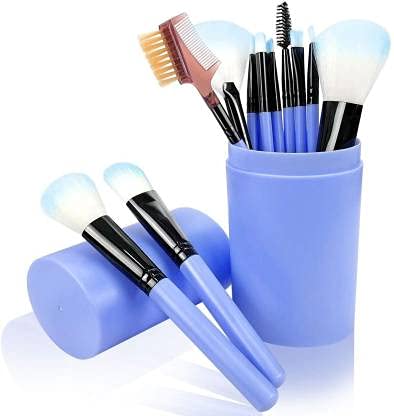 12-Piece Sky Blue Makeup Brush Set with 1 Pink Round Foundation Brush – Professional Cosmetic Brushes for Flawless Makeup Application | Perfect for Daily Use, Travel & Makeup Artists