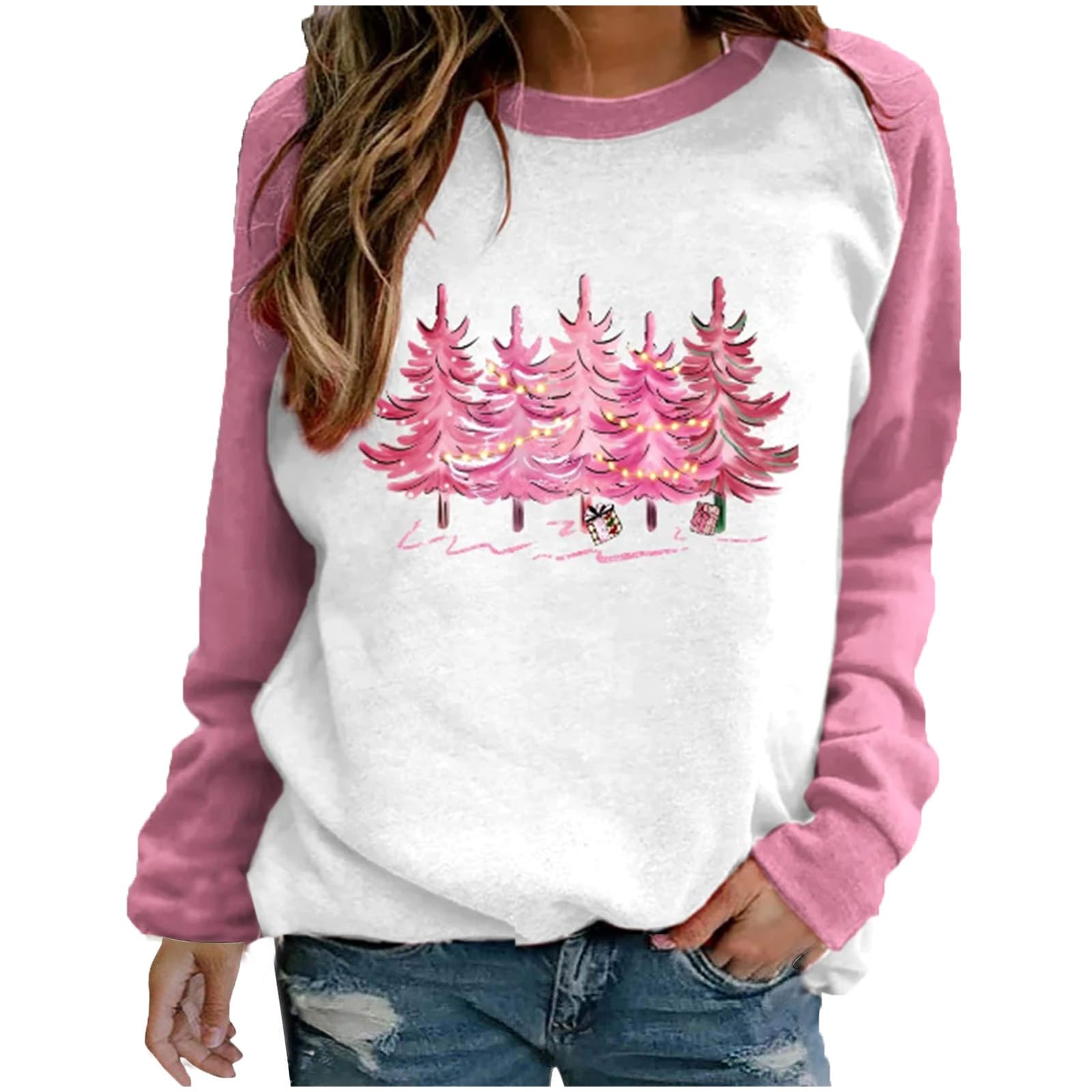 ESCBUKI Women's Christmas Graphic Raglan Sleeve Sweatshirt - Cute Pink Santa Crewneck Top for Holiday Parties & Cozy Winter Outfits