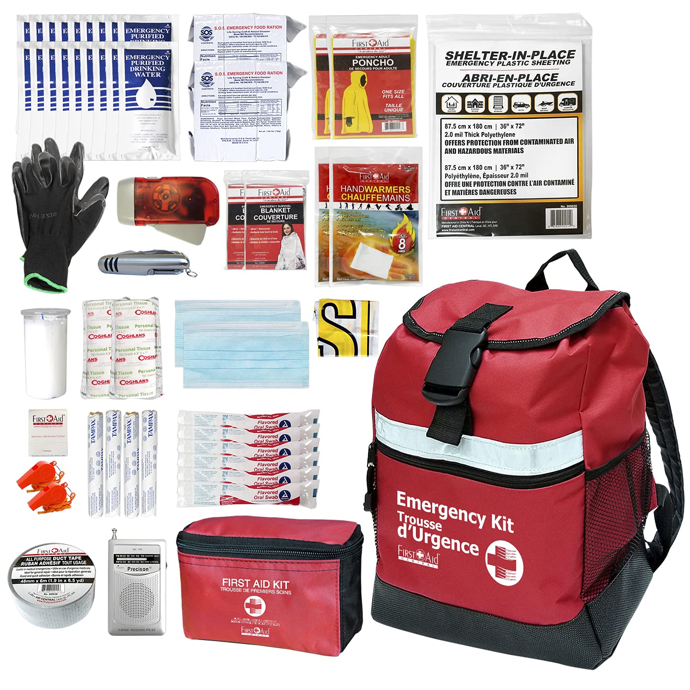 First Aid Central Emergency Survival Kit - 72-Hour Disaster Preparedness Backpack with Medical Supplies, Emergency Gear & Survival Tools for Camping, Hiking, Home & Car Safety