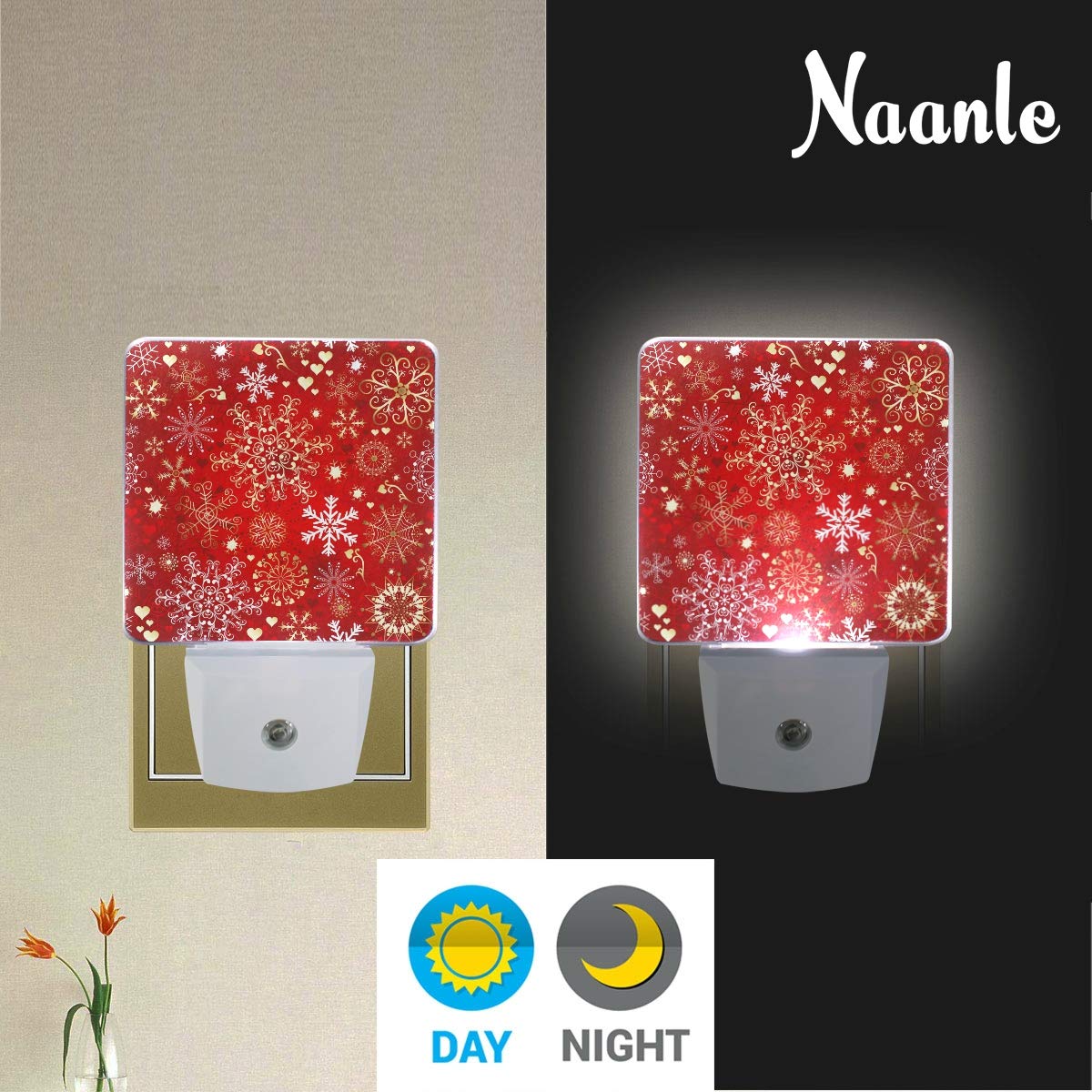 2 Pack Naanle Christmas Snowflake LED Plug-in Night Light with Dusk to Dawn Auto Sensor - Perfect for Hallway, Bedroom, Bathroom & Kitchen Emergency Lighting (Holiday Decor & Nighttime Safety)