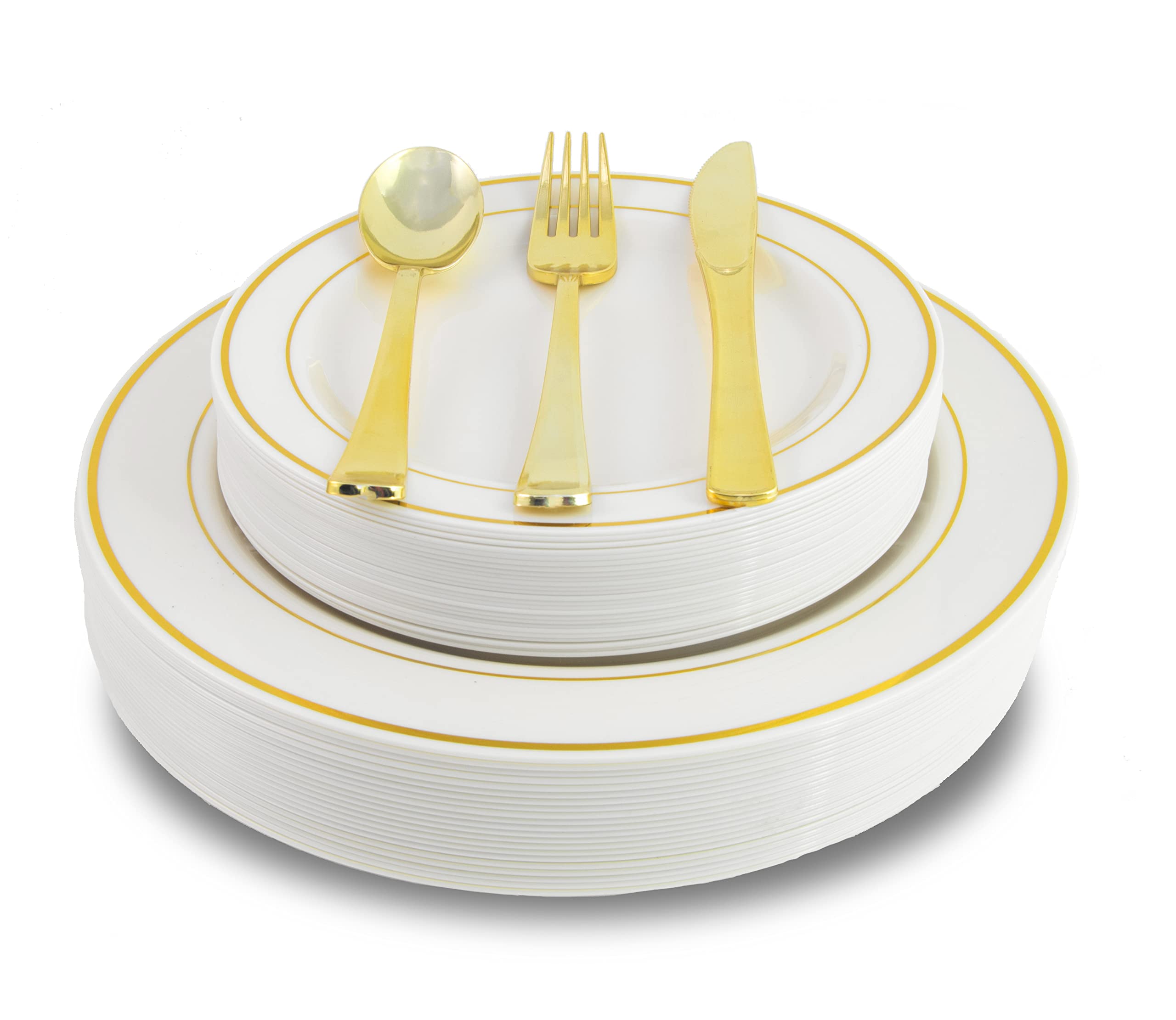 200-Piece Heavyweight Disposable Plastic Party Plates & Cutlery Set - 40 Dinner Plates, 40 Dessert Plates, 40 Forks, 40 Knives, 40 Spoons - Elegant White & Gold for Weddings, BBQs, Picnics & Birthday Parties