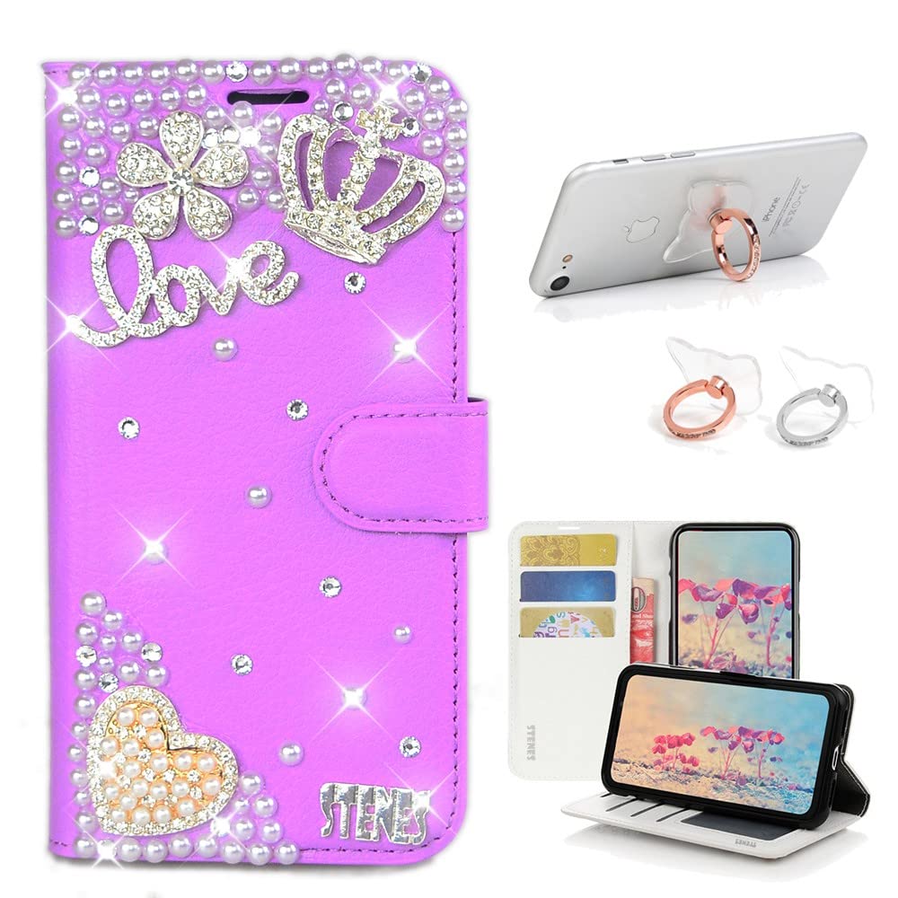 STENES Bling Wallet Phone Case for iPhone SE 2020 - 3D Handmade Crown Pearl Heart Flower Leather Cover with Ring Stand Holder [2 Pack] - Purple - Perfect for Women, Girls, Party, Gift & Everyday Use