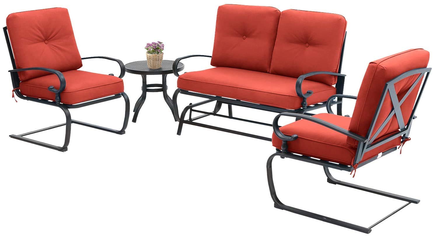 SOLAURA 4-Piece Outdoor Patio Furniture Set - Glider Loveseat Swing & Spring Lounge Chairs with Side Table - Durable Weather-Resistant Garden, Deck, Balcony, Poolside, Lawn Conversation Set (Red) - Perfect for Relaxing, Entertaining & Enjoying Outdoor Spaces