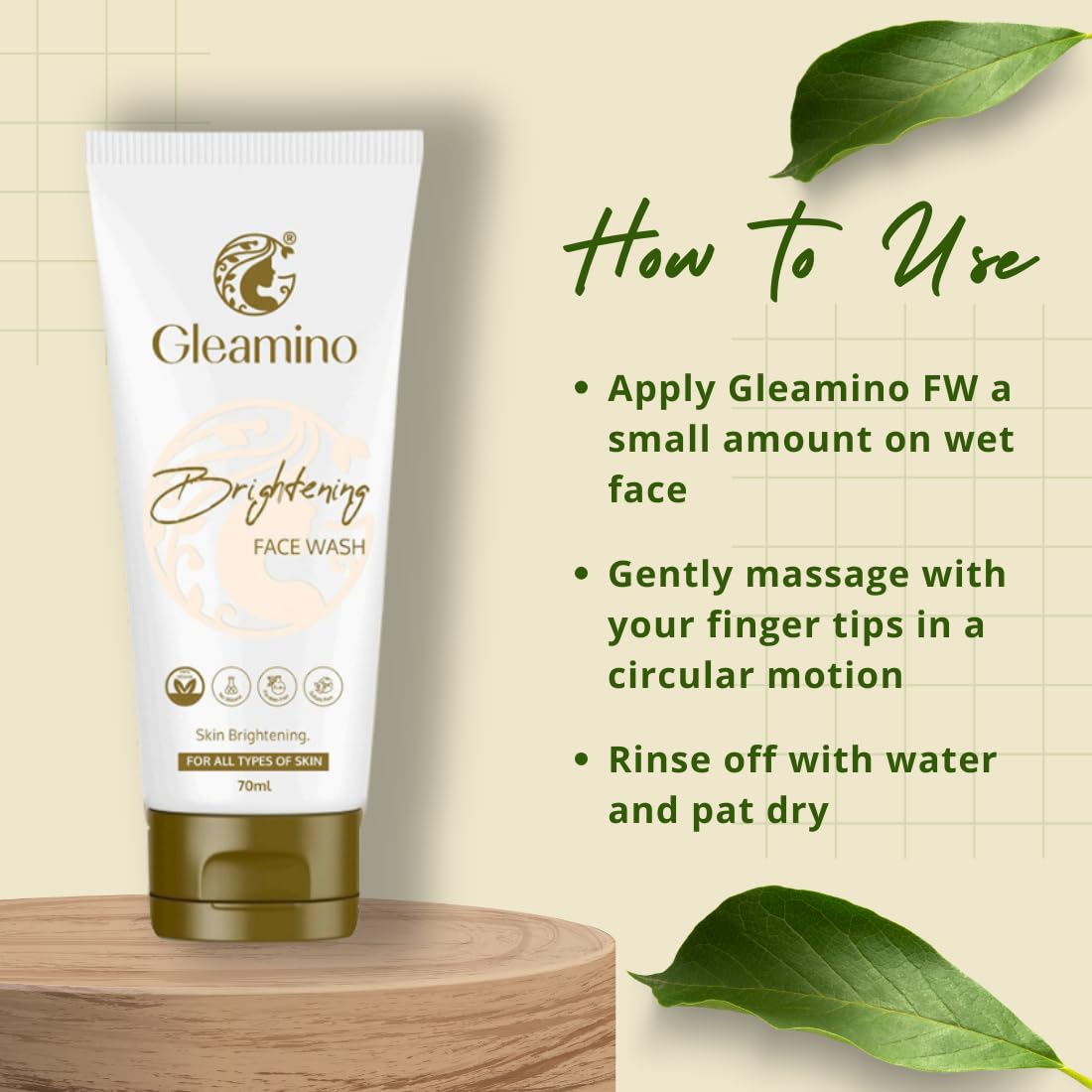 Gleamino Skin Brightening Face Wash - Vitamin C & Hyaluronic Acid Cleanser for Glowing Skin | Gentle Exfoliating Facial Cleanser for Dark Spots & Uneven Tone | Perfect for Morning & Night Skincare Routine