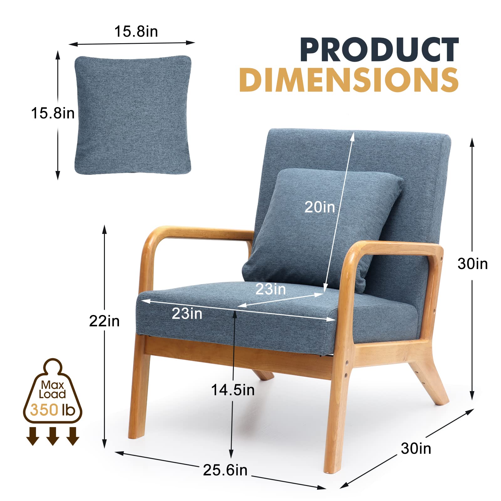 Mid-Century Modern Accent Chair - Solid Wood Frame Armchair with Soft Cushion & Pillow - Comfortable Deeper Sitting Chair for Living Room, Bedroom, Balcony - Perfect for Relaxing, Reading & Home Decor (Navy Blue)