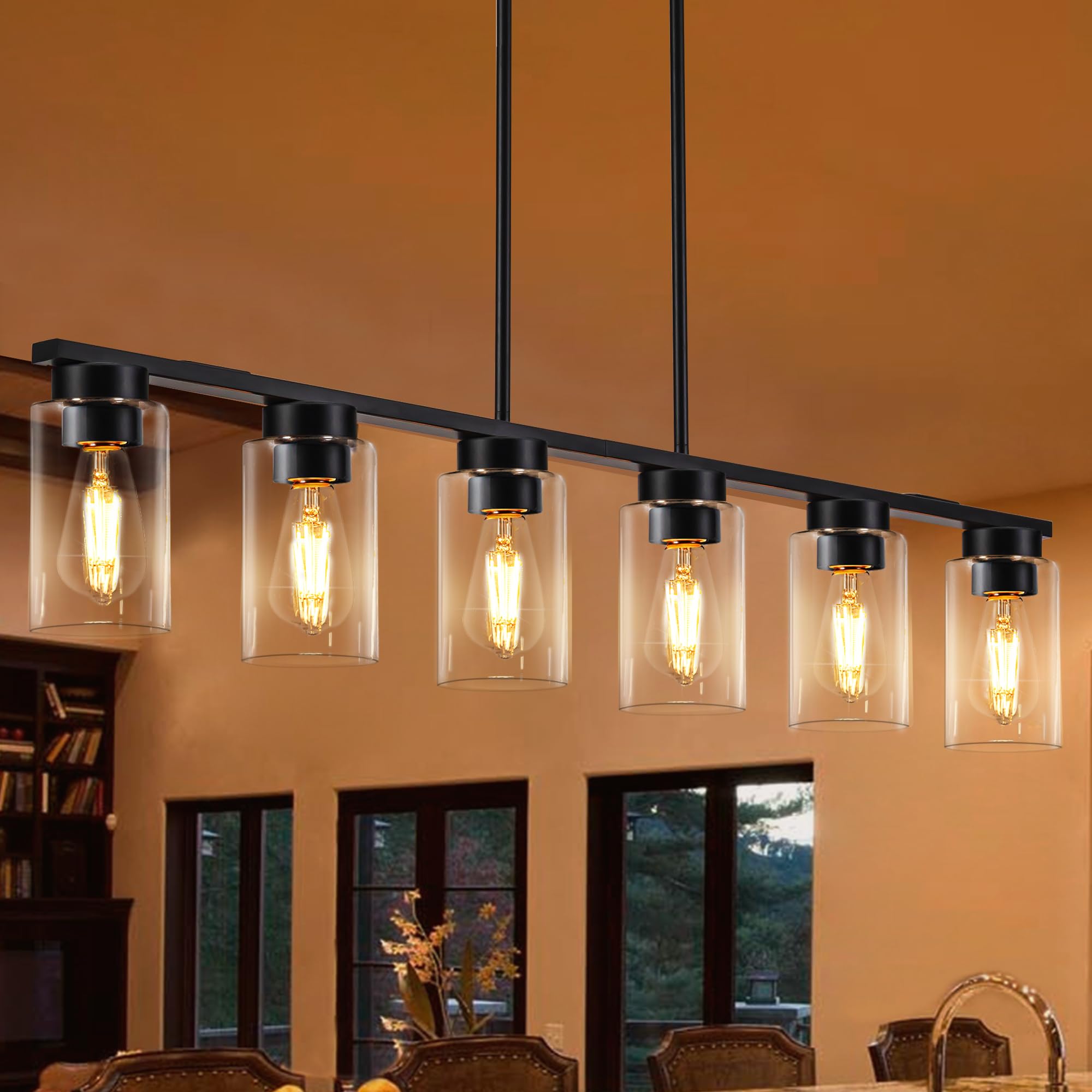 Farmhouse 6-Light Black Linear Pendant Lighting for Kitchen Island - Modern Dining Room Chandelier with Adjustable Height (Perfect for Kitchen Islands, Breakfast Bars, and Open Concept Dining Areas)
