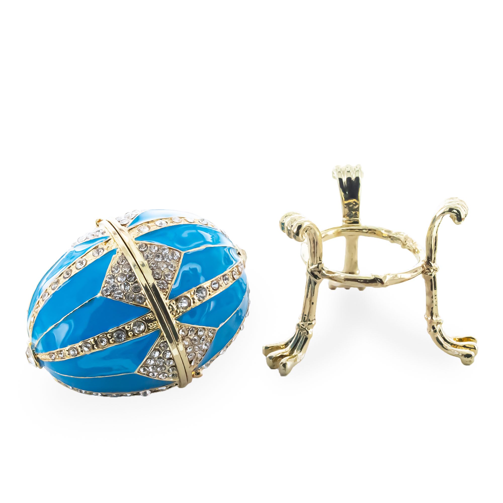 BestPysanky Crystal Rhombus Blue Enamel Royal Inspired Metal Easter Egg - 3.15 Inch Ukrainian Decor for Easter Celebrations, Home Display & Gift Giving