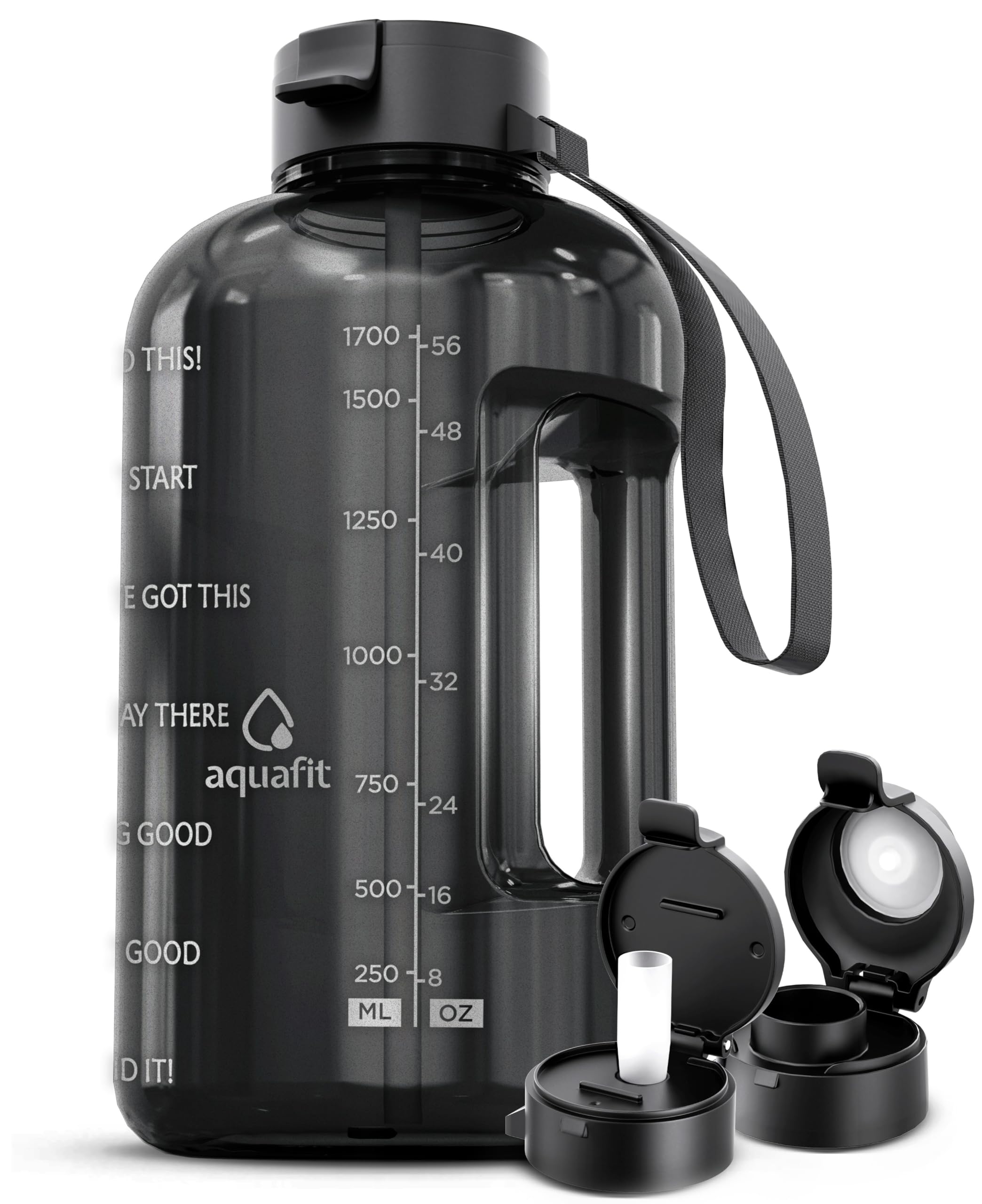 AQUAFIT 64 oz Half Gallon Water Bottle with Straw & Time Marker - Motivational Large Sports Water Jug for Gym, Workout, Hiking & Daily Hydration