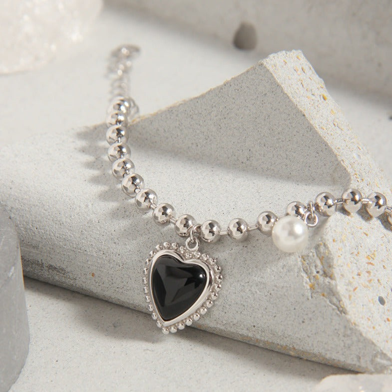 Silver Bead Black Puffed Heart Bracelets for Women - Trendy Adjustable Charm Bangle for Valentine's Day, Anniversary, Party & Everyday Wear | HB585
