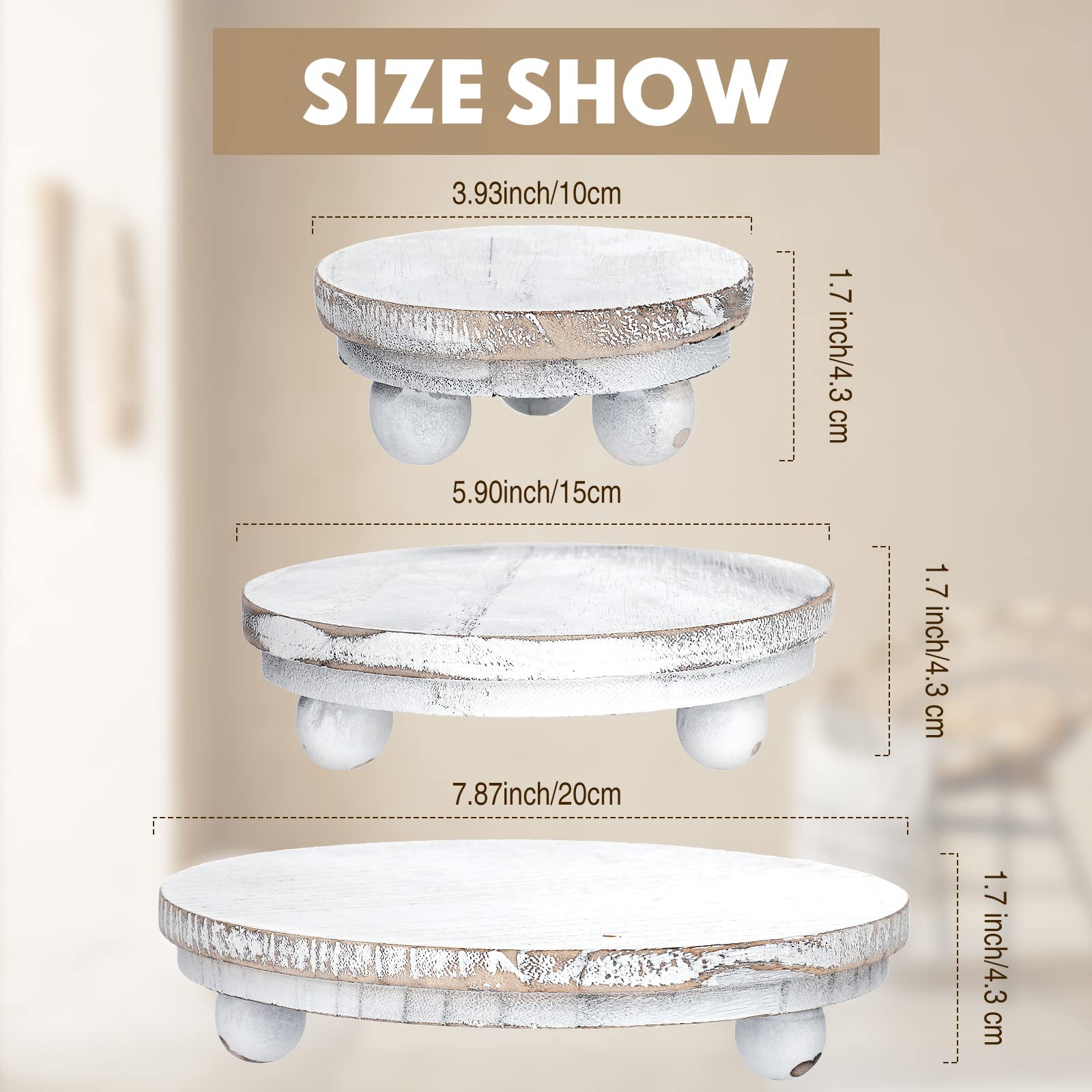 Amyhill 3-Piece Round Wooden Risers - Rustic Farmhouse Pedestal Stands for Home Decor, Kitchen Display & Tiered Serving Trays (Washed White, 8/6/4 Inch) | Perfect for Coffee Table Centerpieces, Dessert Displays & Bathroom Organization