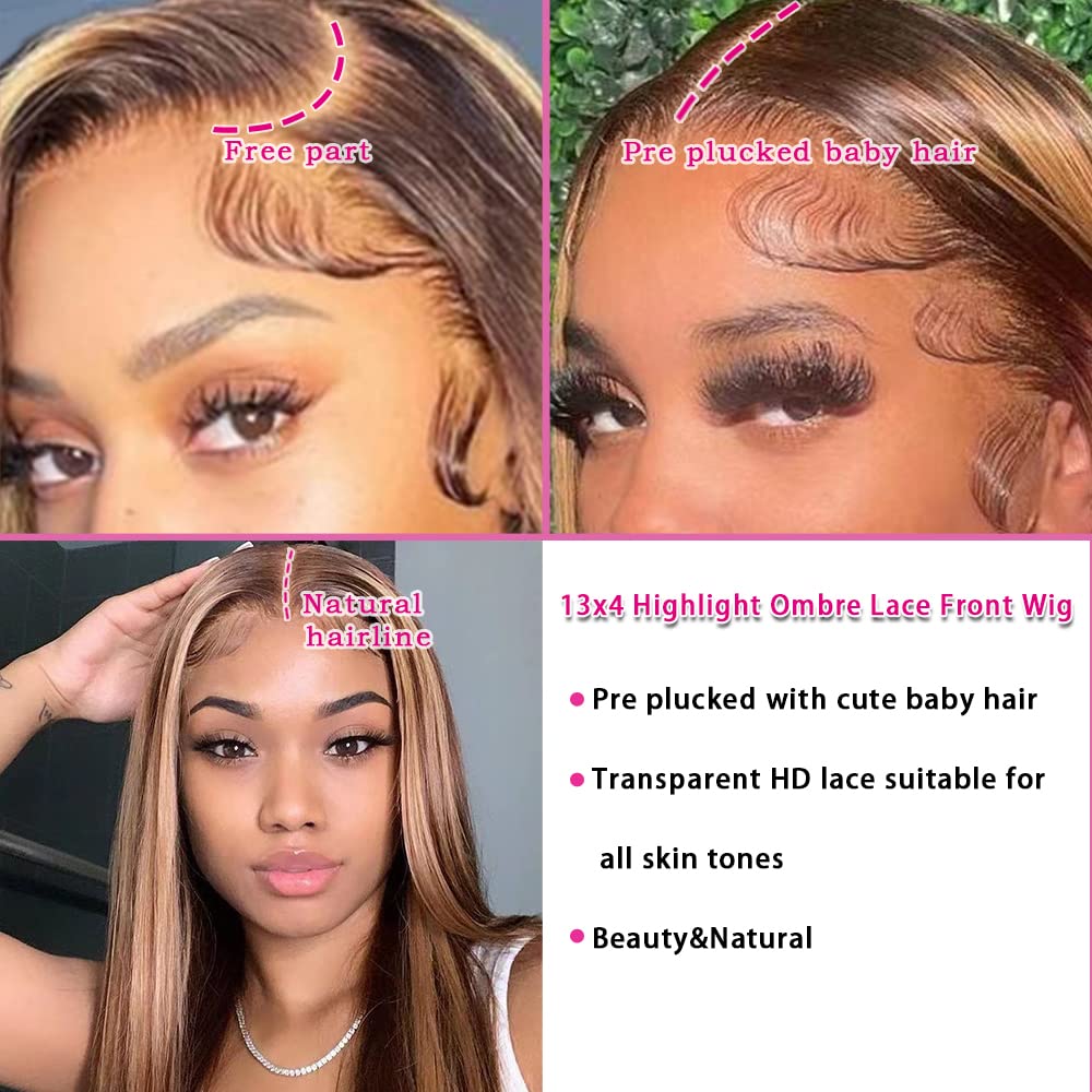 13x4 HD Straight Lace Front Wig Human Hair - Ombre Highlight 180% Density Pre-Plucked with Baby Hair | Perfect for Daily Wear, Cosplay & Special Occasions