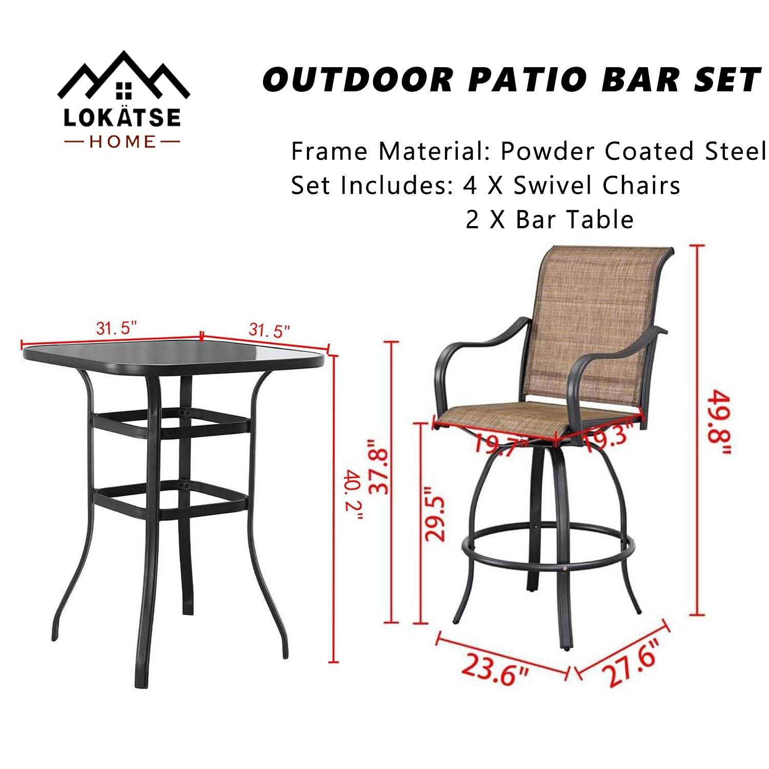 LOKATSE HOME 6-Piece Outdoor Patio Dining Set with Swivel Chairs & Tempered Glass Table - Durable Weather-Resistant Furniture for Poolside, Cafe, Porch, Backyard, and Garden Entertaining