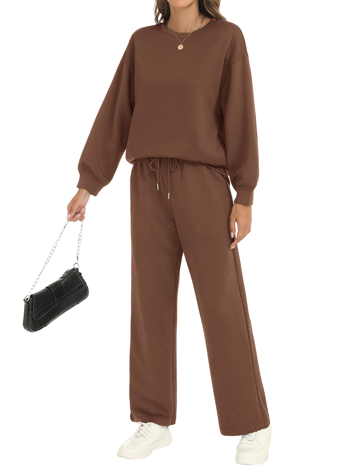 Women's 2-Piece Fall Outfit Set - Long Sleeve Pullover Top & Drawstring Wide Leg Pants Textured Lounge Sweatsuit | Cozy Autumn Loungewear for Home, Travel & Casual Outings