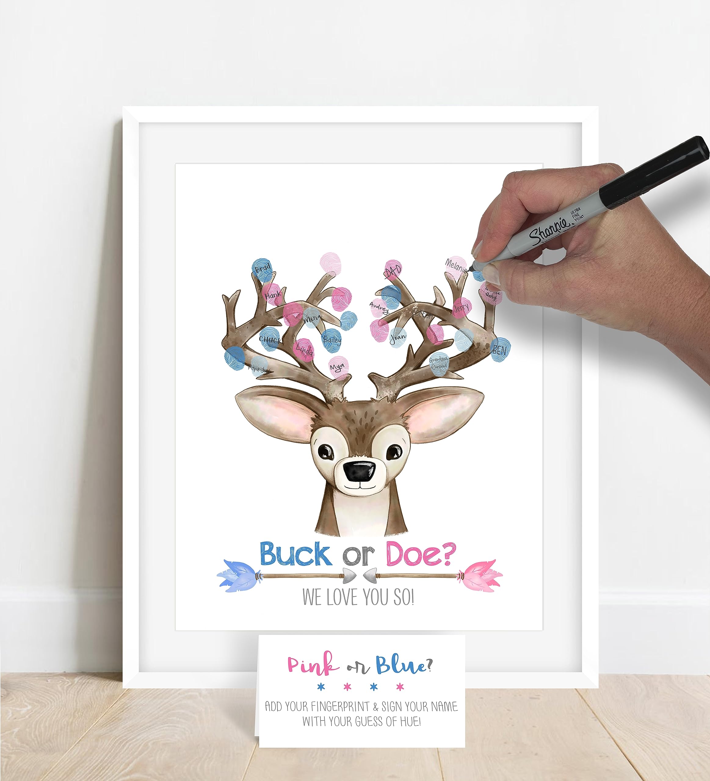 Buck or Doe? Gender Reveal Deer Fingerprint Guest Book Sign In Page - Unframed with Arrow Details - Perfect for Baby Shower, Gender Reveal Party & Nursery Decor