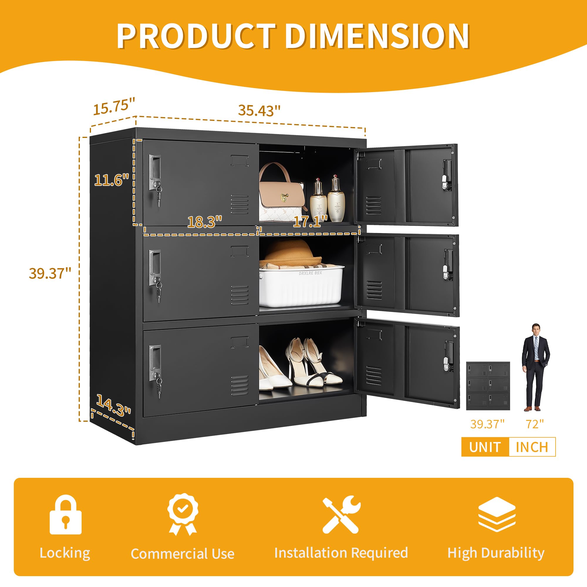 6-Door Employee Storage Locker - Heavy Duty Metal Office & Gym Lockers with Card Slot - Perfect for Home, School & Workplace Organization (Black)