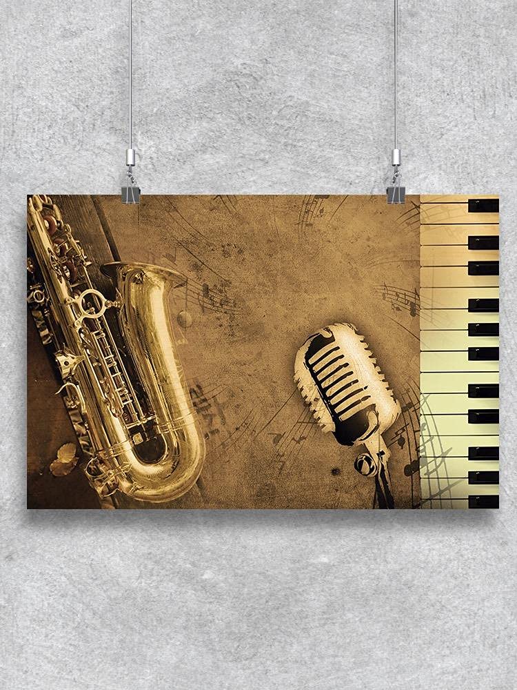 Vintage Music Wall Art - Retro Piano, Saxophone & Microphone Poster for Home, Office & Music Room Decor - Perfect Gift for Musicians & Jazz Lovers