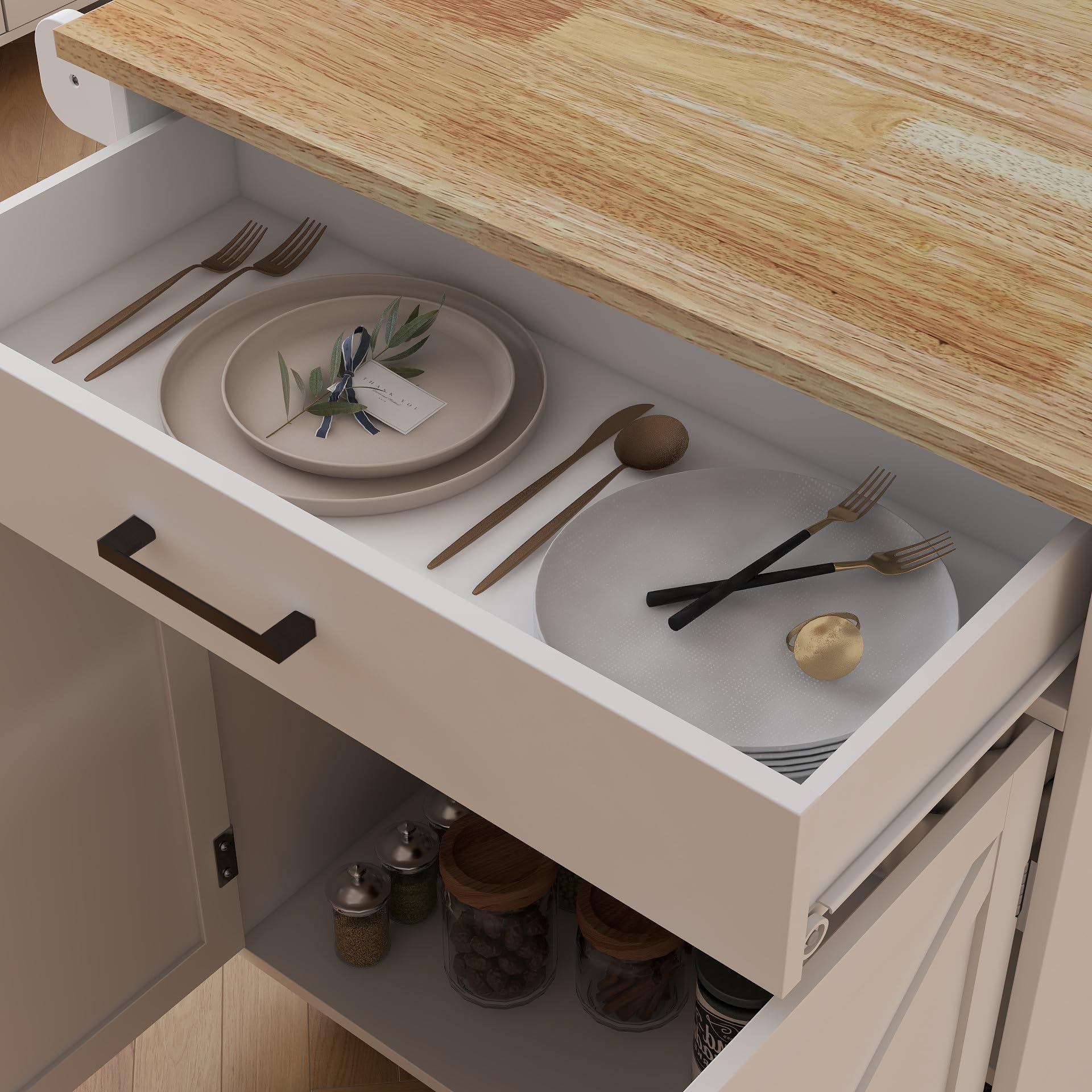 RASOO White Rolling Kitchen Island Cart with Storage - Adjustable Shelf, Solid Wood Countertop, Towel & Spice Rack - Mobile Kitchen Organizer for Small Spaces, Dining Room & Apartment Cooking