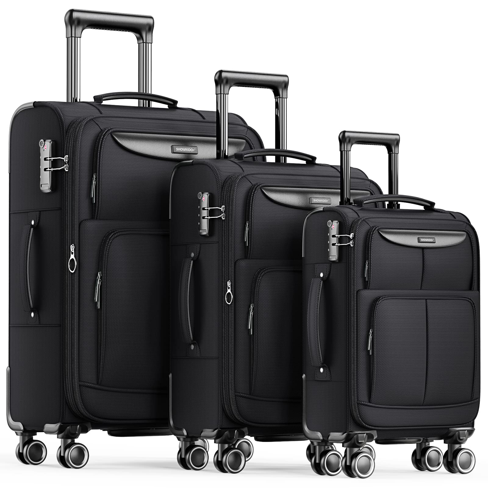 SHOWKOO 3-Piece Expandable Softside Luggage Set - Lightweight Durable Suitcases with Double Spinner Wheels & TSA Lock (20in, 24in, 28in) Black - Perfect for Air Travel, Business Trips & Family Vacations