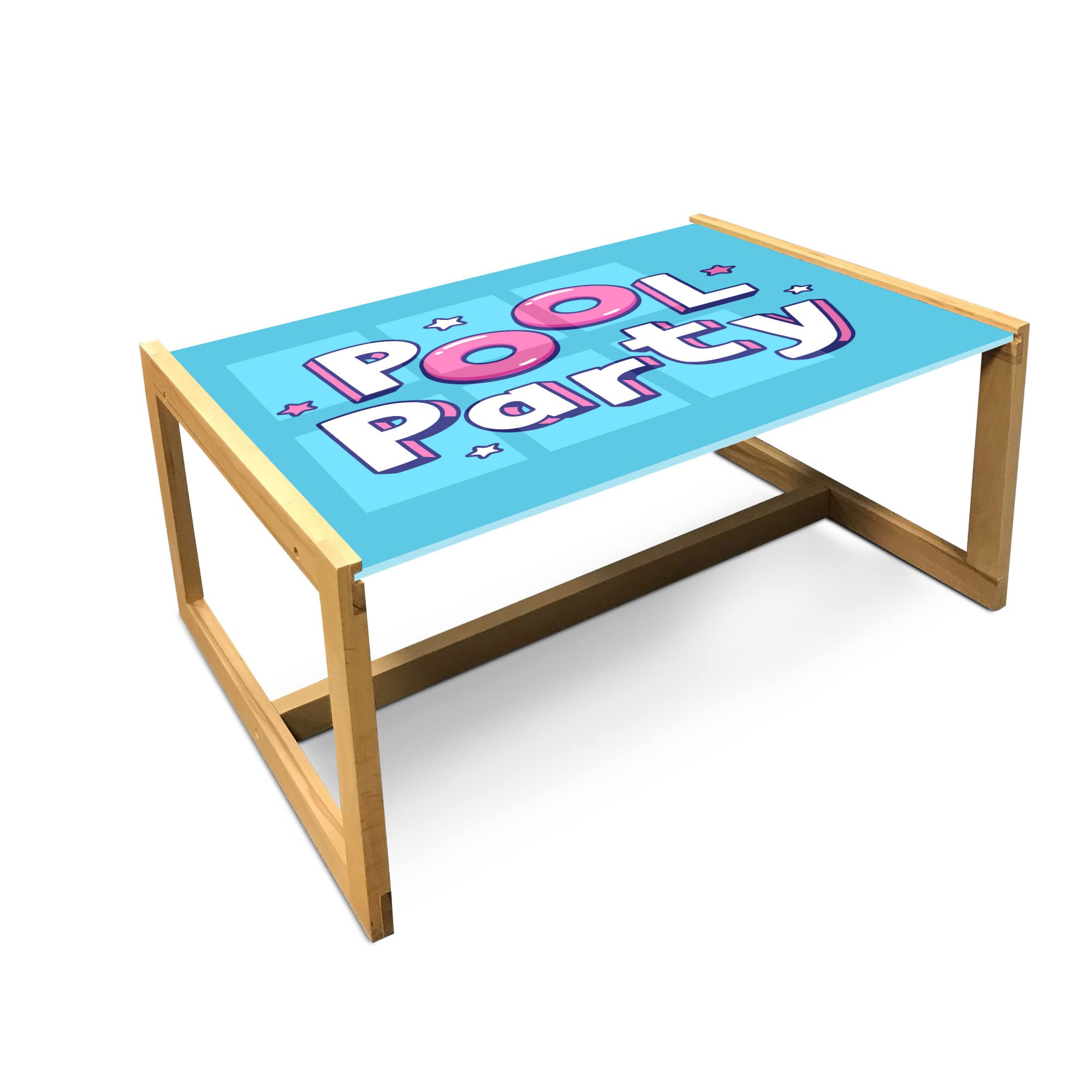 Ambesonne Acrylic Glass Coffee Table with Wooden Frame - Cartoon Calligraphy Pool Party Design with Stars - Large Size in Deep Sky Blue & Pink - Perfect for Offices, Dorms, Living Rooms, and Pool Party Decorations