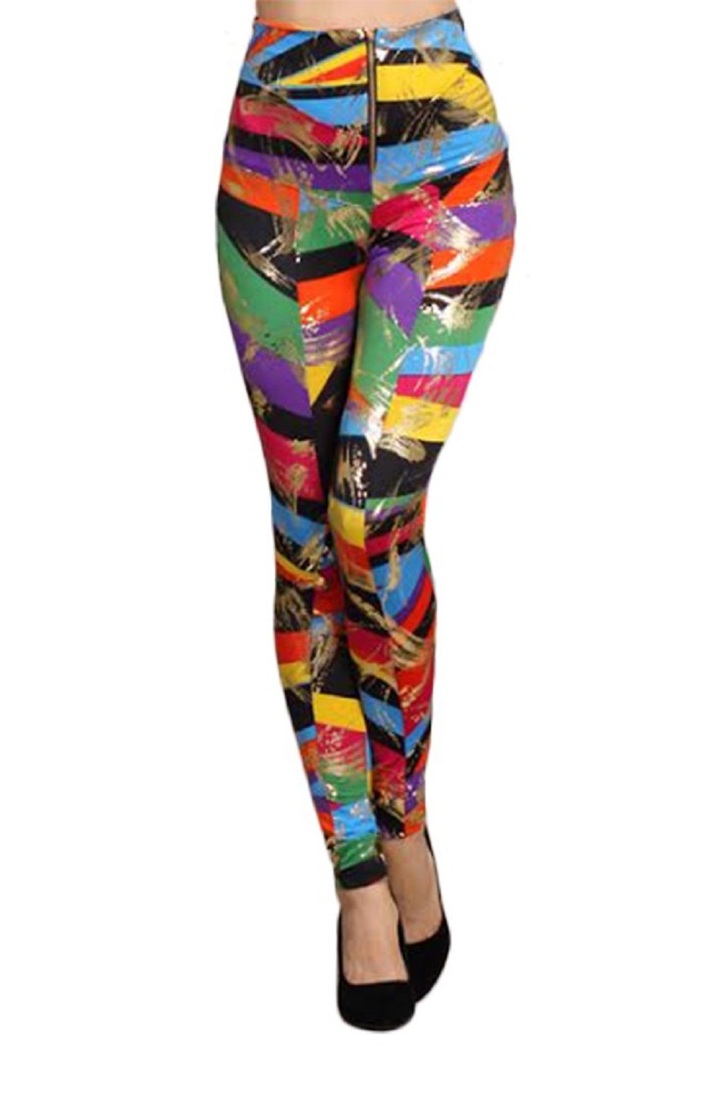 2Chique Boutique Women's High Waisted Yoga Leggings - Colorful Printed Workout Pants with Gold Foil Design for Gym, Running & Lounge Wear