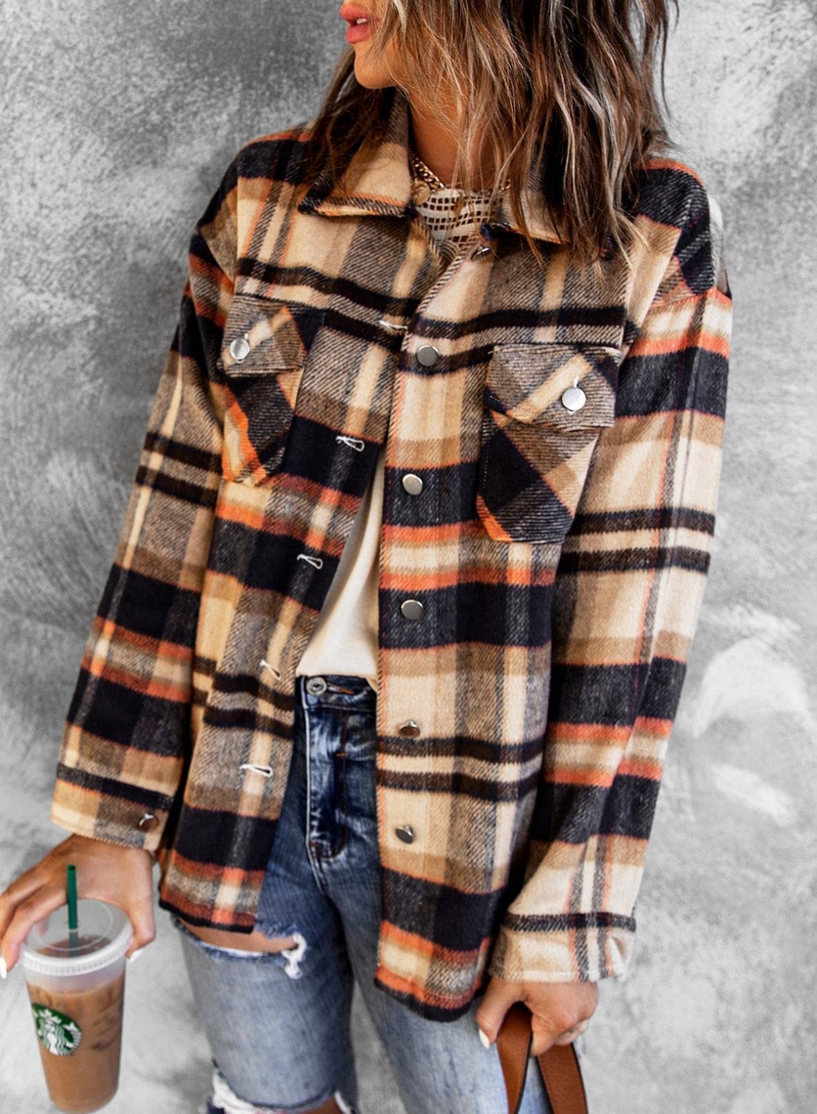 BTFBM Women's Plaid Flannel Shacket - Long Sleeve Button Down Casual Shirt Jacket for Fall & Spring | Loose Fit Blouse Top for Outdoor Activities, Work & Weekend Wear (2025 Fashion)