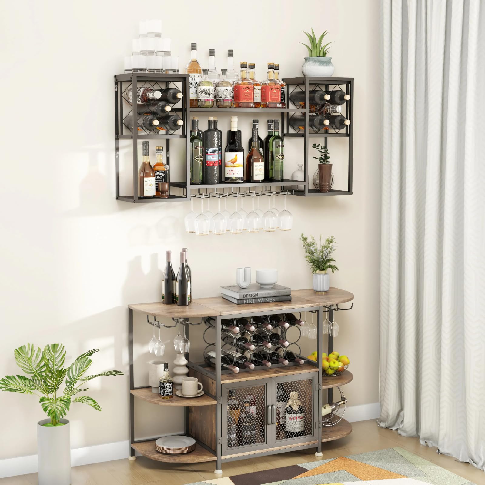 Wall Mounted Wine Rack with Glass Holder - 2 Tier Metal Floating Bar Shelf for Liquor Storage | Multi Functional Wine Display Rack for Home Bar, Dining Room & Kitchen | Perfect for Small Spaces & Entertaining Guests