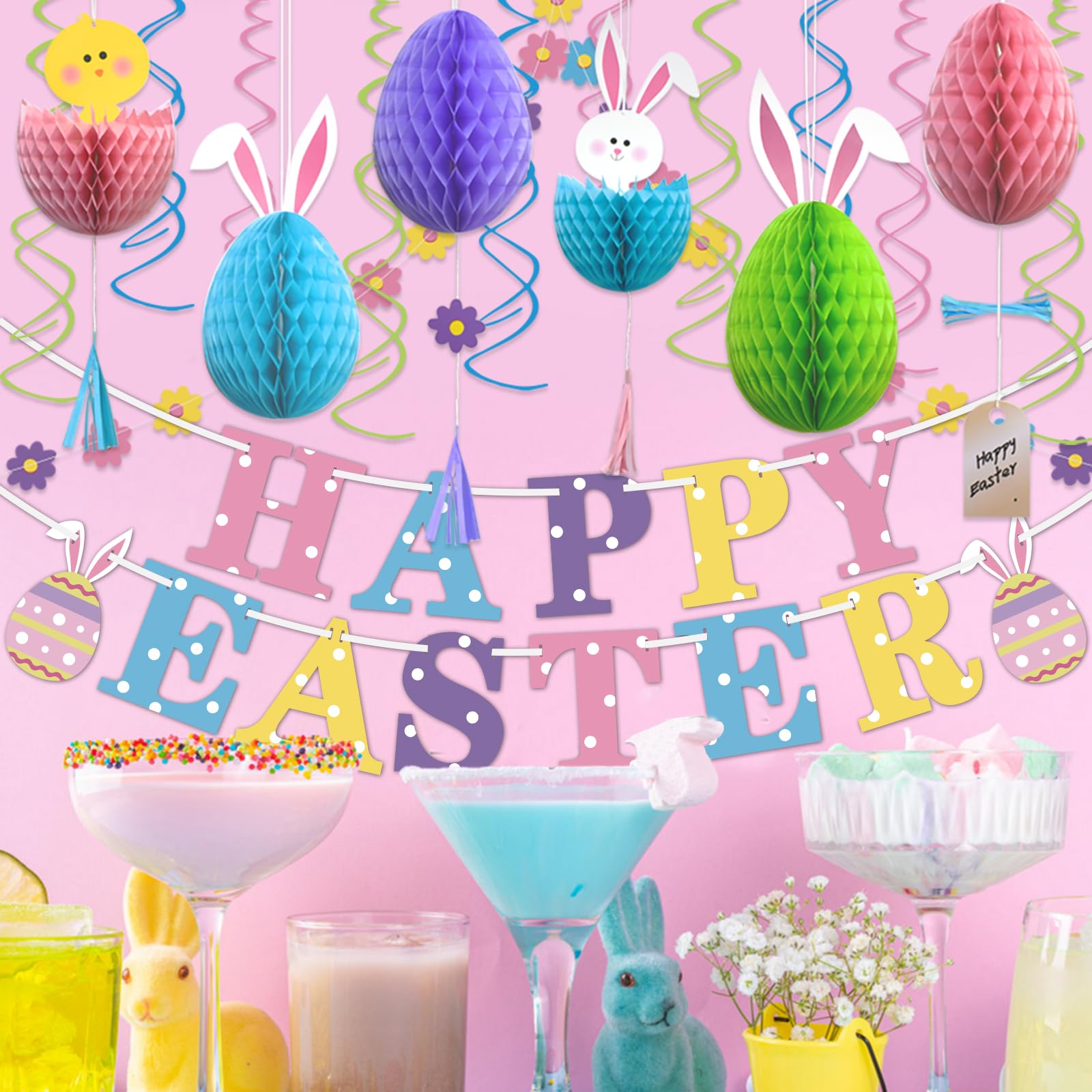 Easter Bunny Egg Hanging Swirl Banner - Honeycomb Party Decorations for Home, Office, School - Spring Festival & Easter Party Supplies - Perfect for Easter Egg Hunts, Classroom Decor, and Holiday Celebrations
