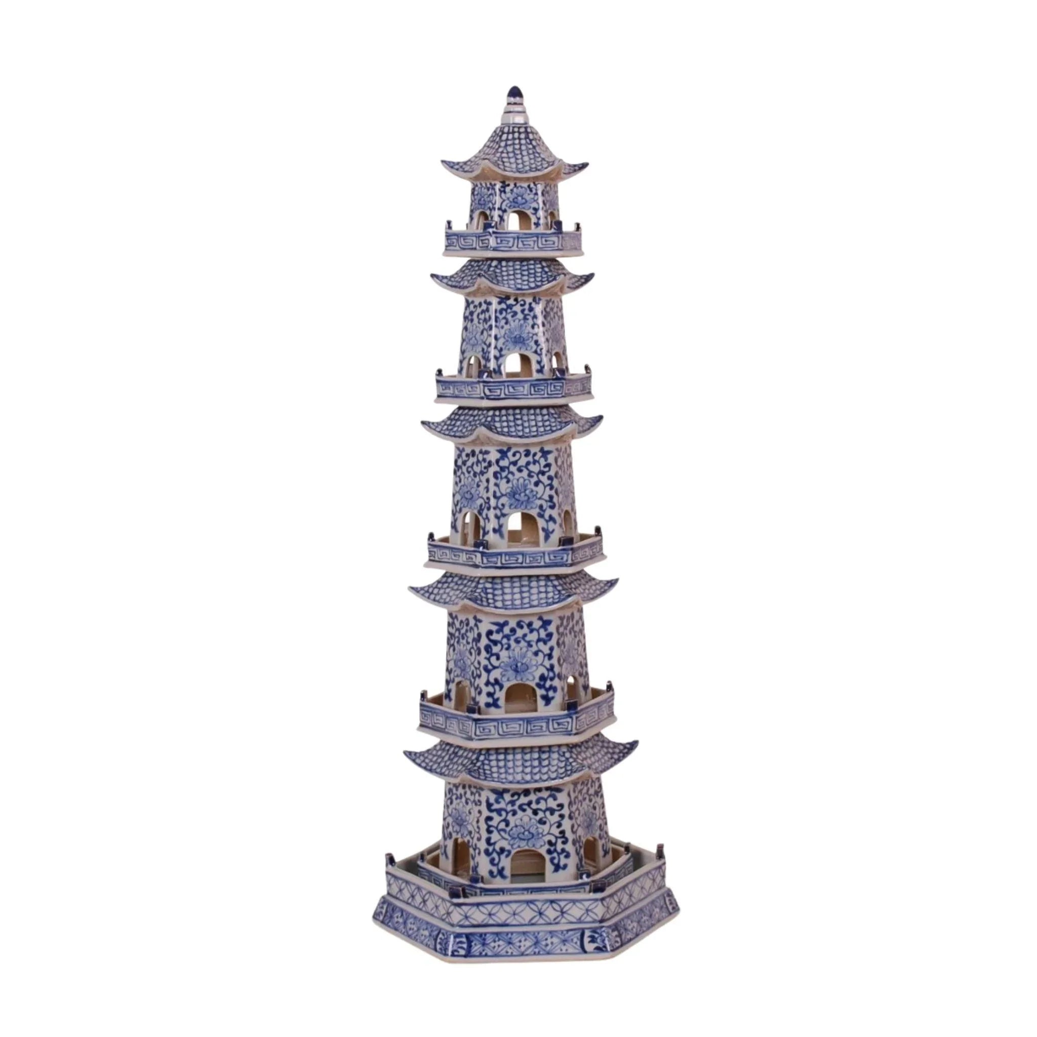 Blue and White Porcelain 5-Tier Decorative Pagoda Statue - Asian Home Decor for Living Room, Office & Zen Garden