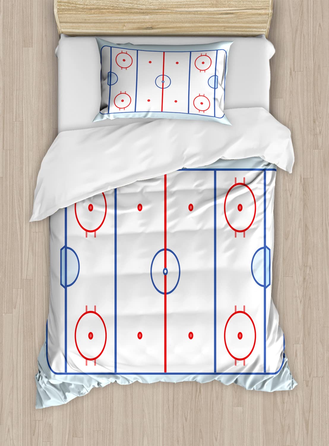 Ambesonne Hockey Duvet Cover Set - Blue & Red Ice Hockey Field Design Sports Bedding, 2 Duvet Covers + 4 Pillowcases, 2-Pack California King Size - Perfect for Hockey Fans' Bedrooms, Game Day Decor & Sports-Themed Home Decor