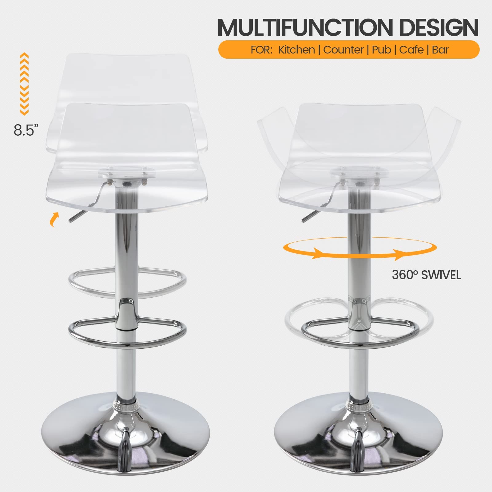 Brage Living Acrylic Bar Stools Set of 2 - Transparent Swivel Adjustable Counter Height Stools with Airlift Mechanism, Low Back Design for Kitchen Island, Dining Room, Home Bar & Cafe (Clear) - Perfect for Modern Homes, Breakfast Nooks & Commercial Spaces