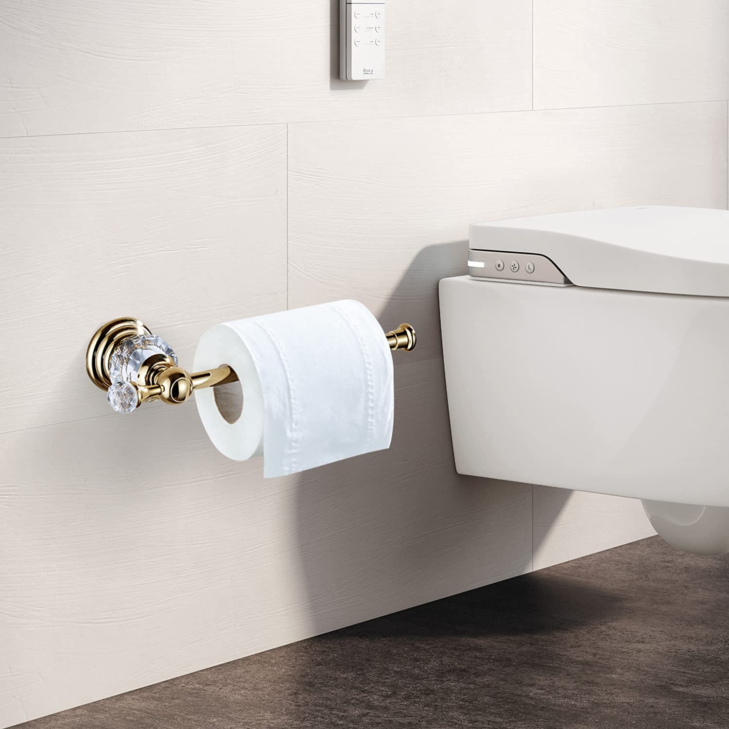 BATHSIR Crystal Toilet Paper Holder - Chrome & Gold Wall Mounted Tissue Roll Holder for Bathroom Decor | Elegant Bathroom Accessory for Home & Hotel Use