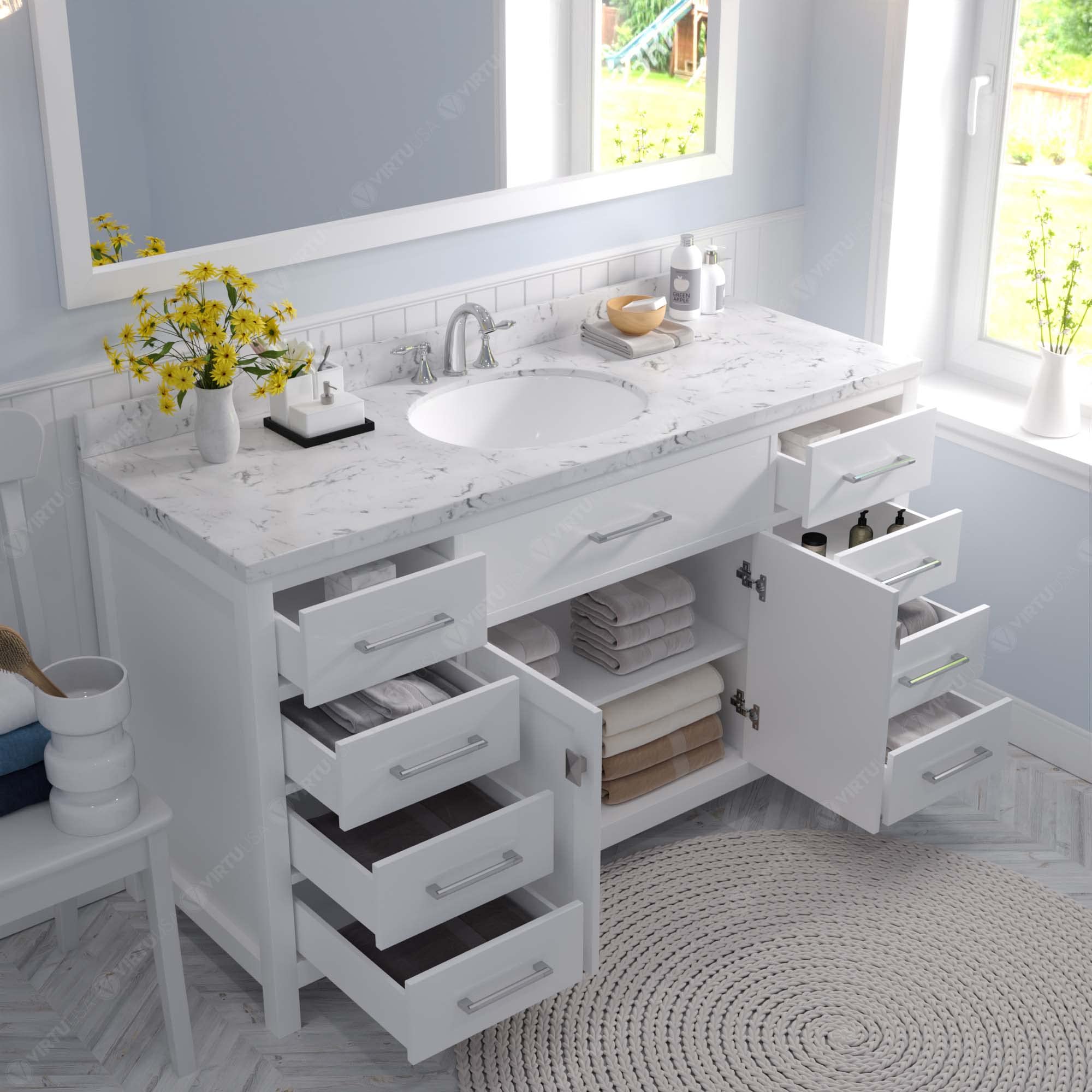 White Caroline Bathroom Vanity Set MS-2060-CMRO-WH-NM with Mirror & Sink - Perfect for Modern Bathroom Renovation and Home Decor