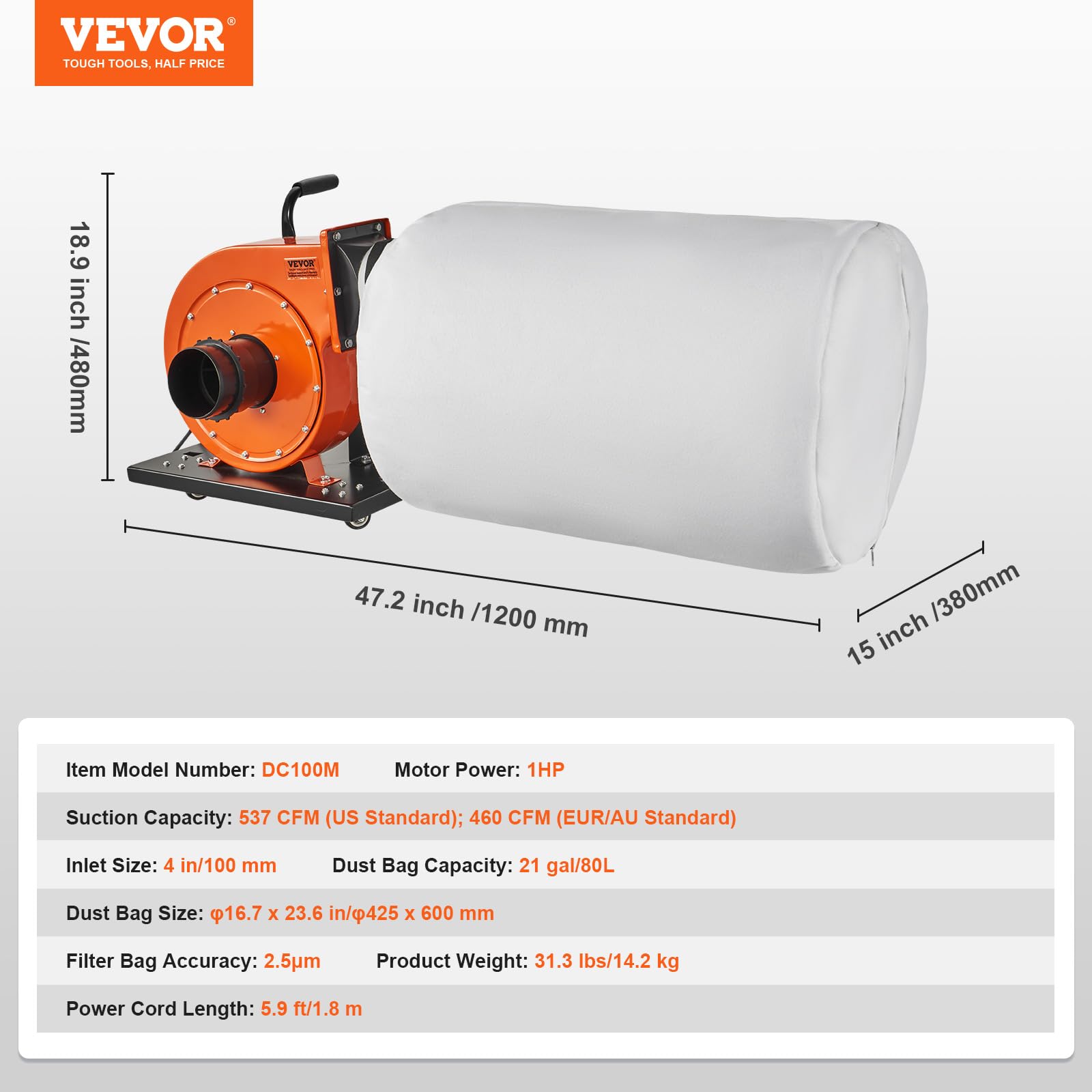 VEVOR 1HP 537 CFM Rolling Dust Collector with 21-Gallon Bag, 2.5 Micron Filtration | Industrial Wood Dust Collector for Workshop, Woodworking, and DIY Projects | Portable Dust Collection System with Wheels & Handle