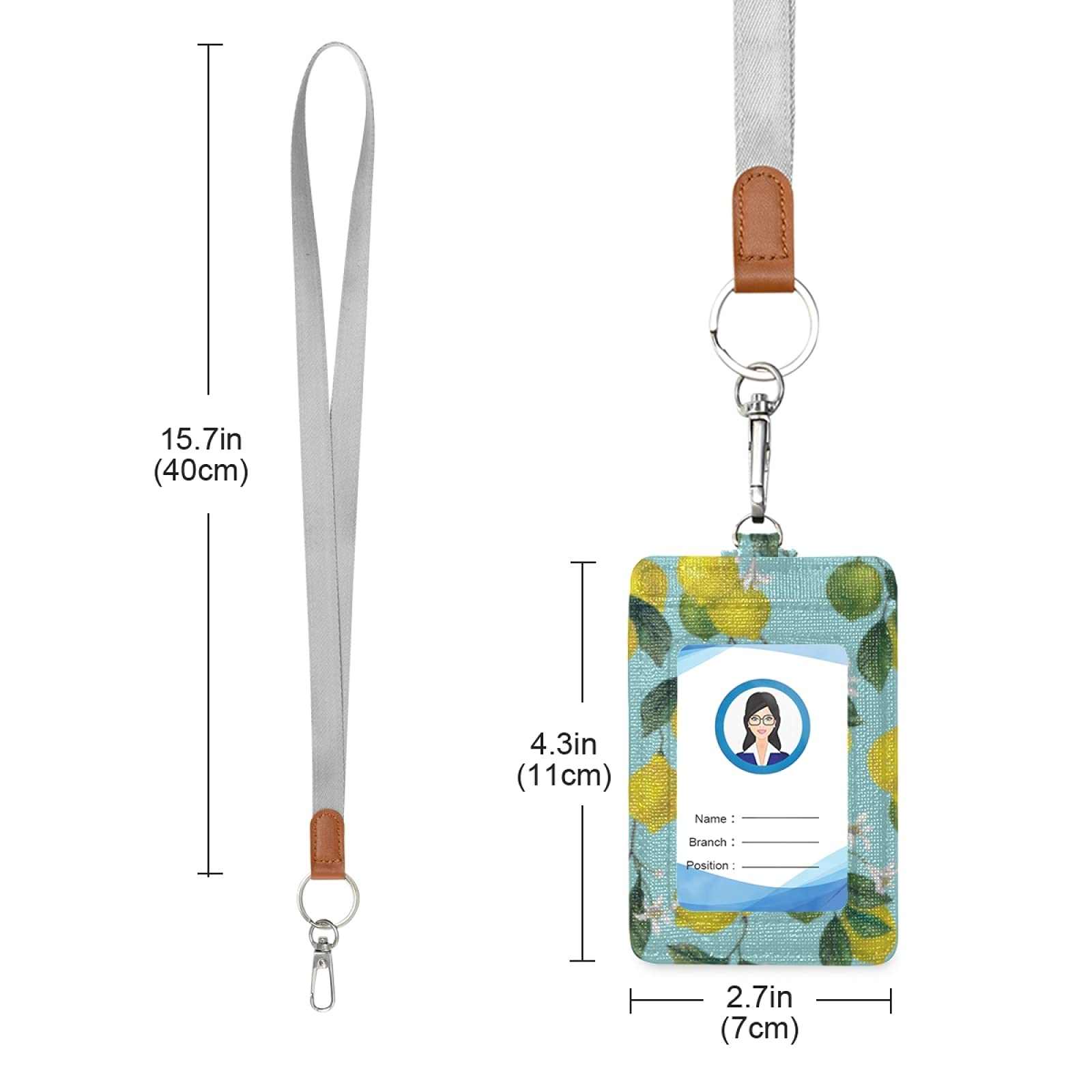 Vertical Leather ID Badge Holder with Lanyard - Yellow Lemons Design for Office & School Staff