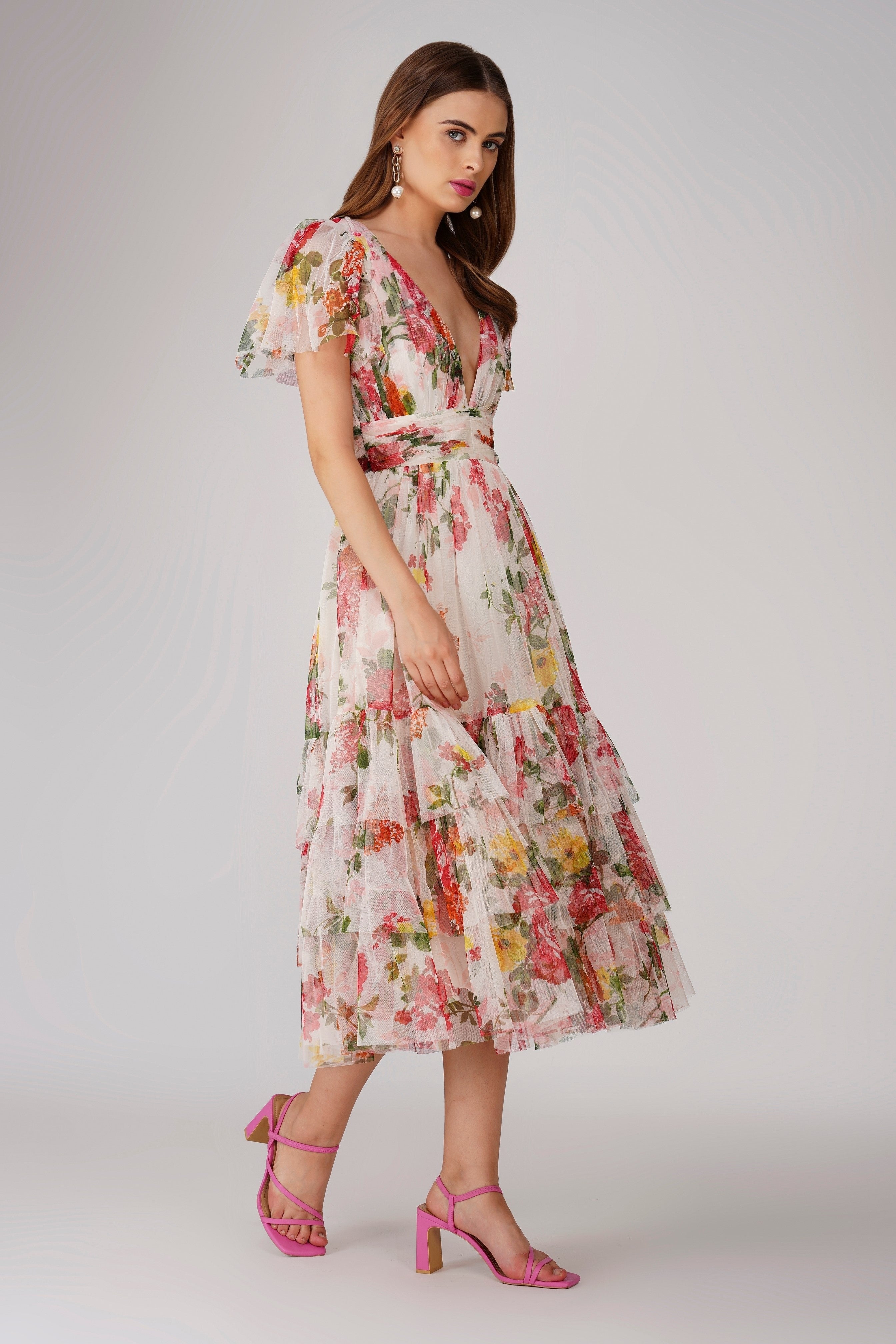 Floral Print Madison Tulle Midi Dress - Elegant Party & Wedding Guest Dress for Women