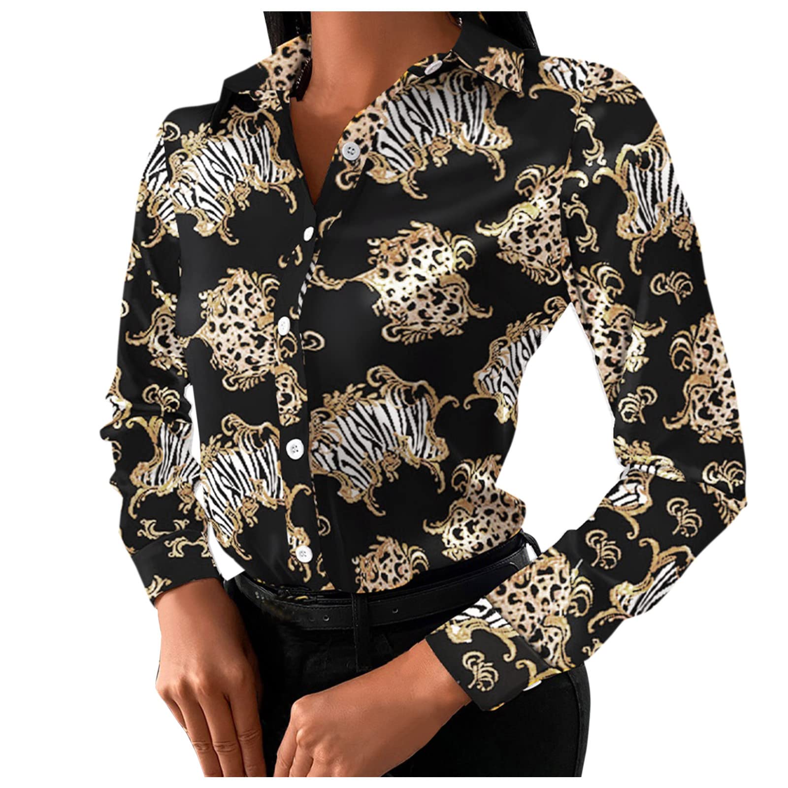 Women's Casual Long Sleeve Chiffon Blouse with Button Front & Printed Tunic Top - Elegant Chain Sleeve Design for Work, Office, and Special Occasions