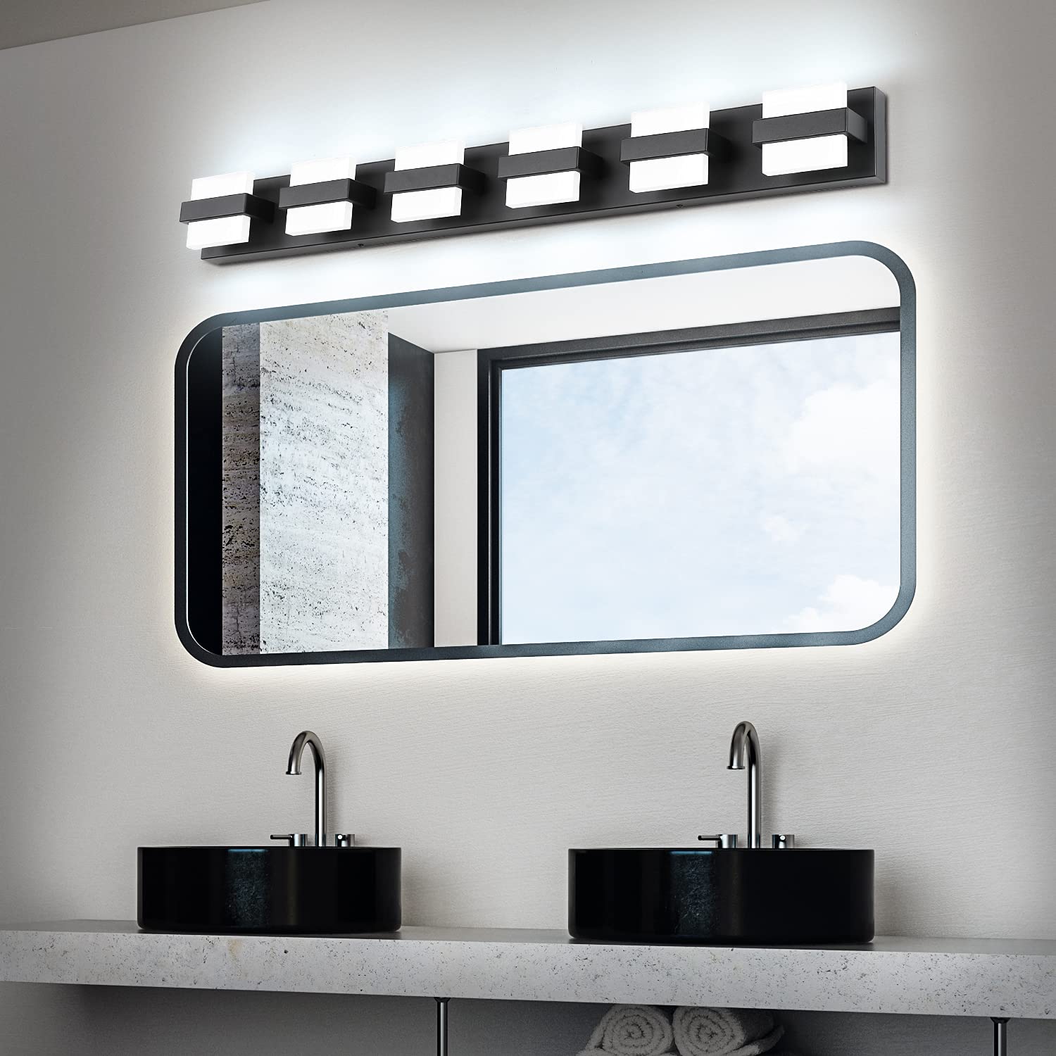 SOLFART 6-Light Black Modern LED Vanity Light - 41 Inch Dimmable Bathroom Mirror Lighting Fixture with White Light | Perfect for Bathroom, Powder Room, Dressing Room & Makeup Area