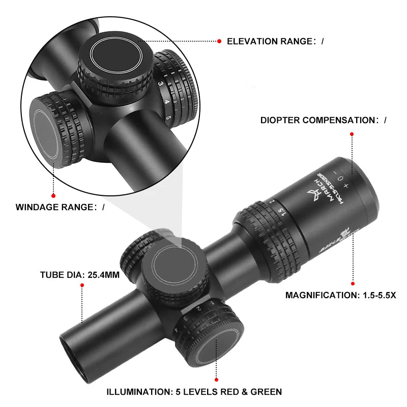 Tactical Rifle Scope 1.5-5.5x20IR Adjustable Illuminated Reticle - Compact Airsoft Hunting Scope for PCP Airgun, Shooting & Outdoor Sports | Perfect for Target Practice, Hunting, and Airsoft Battles