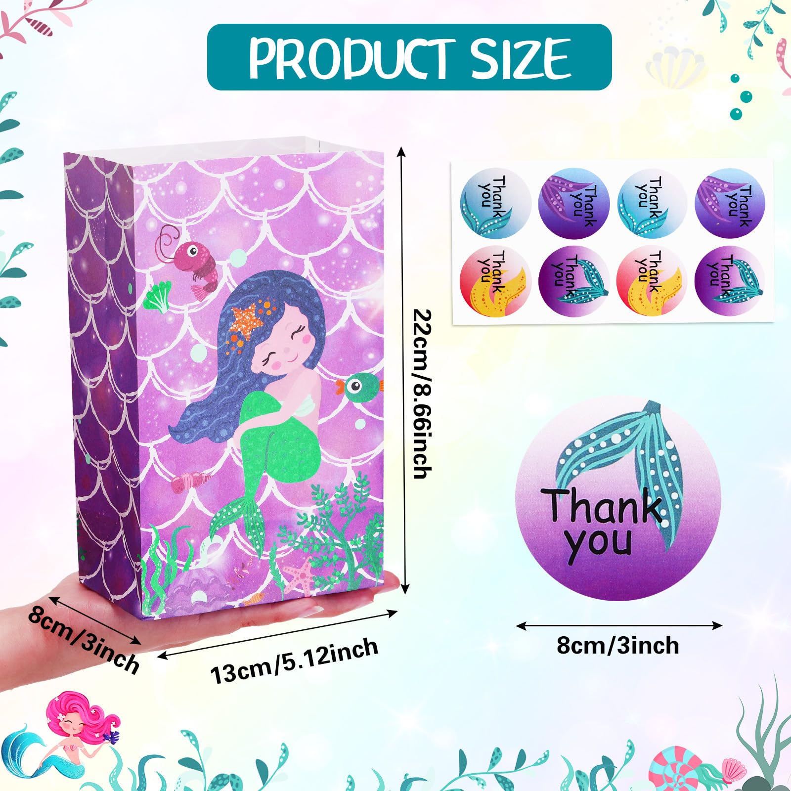 24 Pack Mermaid Party Favor Gift Bags for Girls - Mermaid Themed Birthday Party Supplies with Stickers - Perfect for Kids Birthday Parties, Baby Showers & Mermaid Decorations