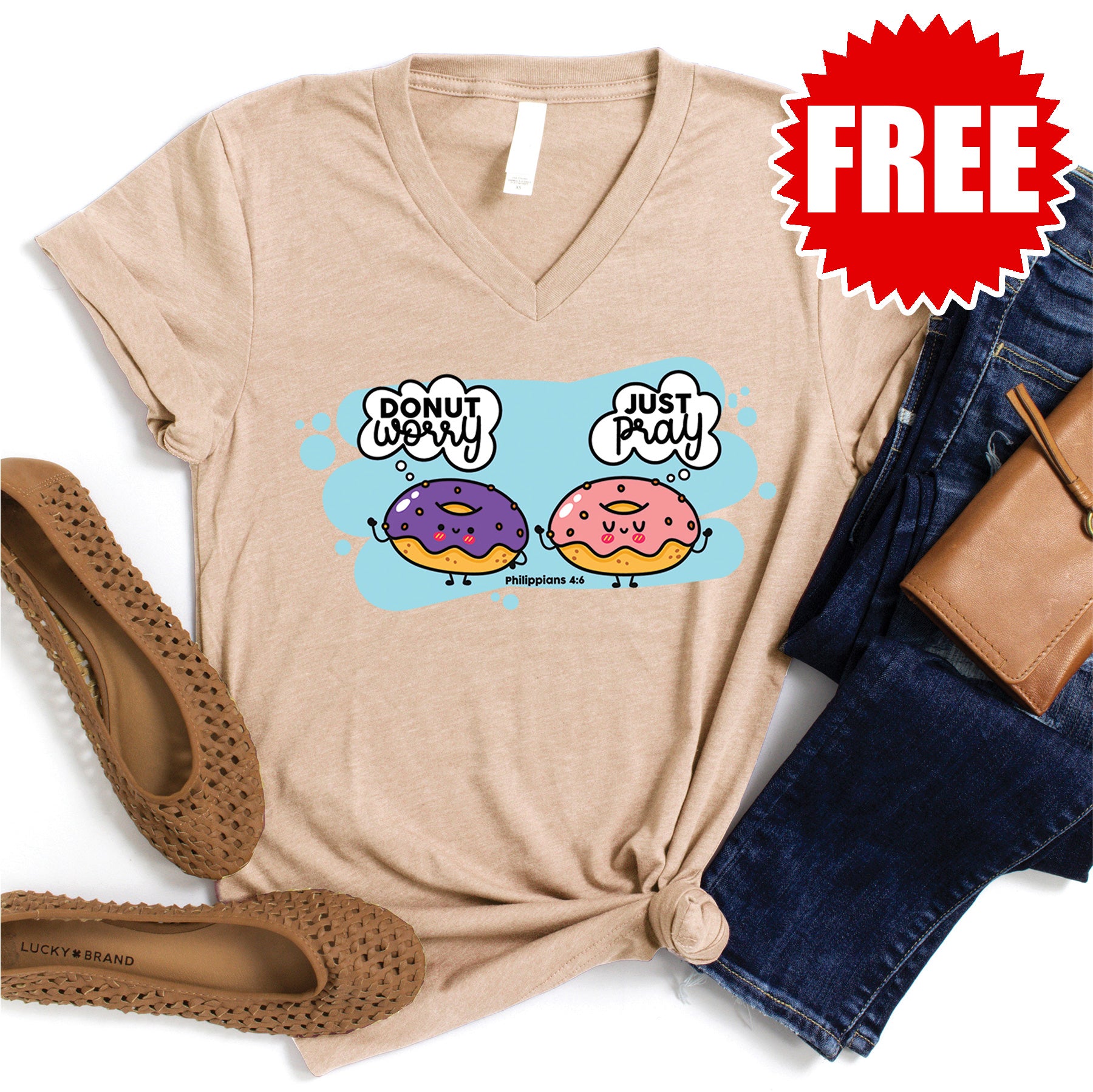 Donut Worry Just Pray V-Neck T-Shirt - Heather Sand Dune Color - Soft Cotton Casual Tee for Women | Perfect for Church, Bible Study & Christian Faith Apparel